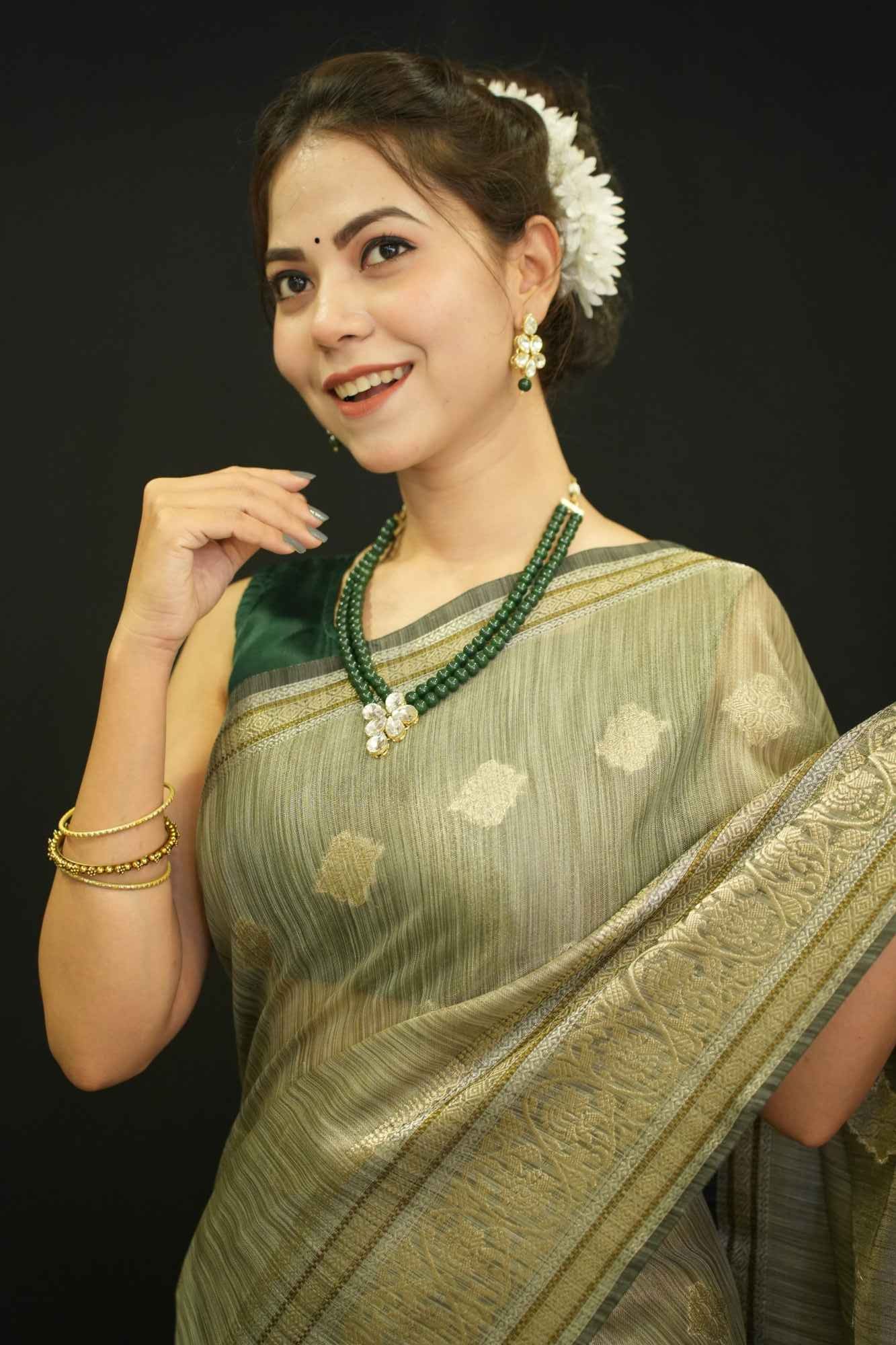 Olive Green Cotton Silk With Butta Overall Tassels On Palla Zari Detailed Border Wrap In One minute saree