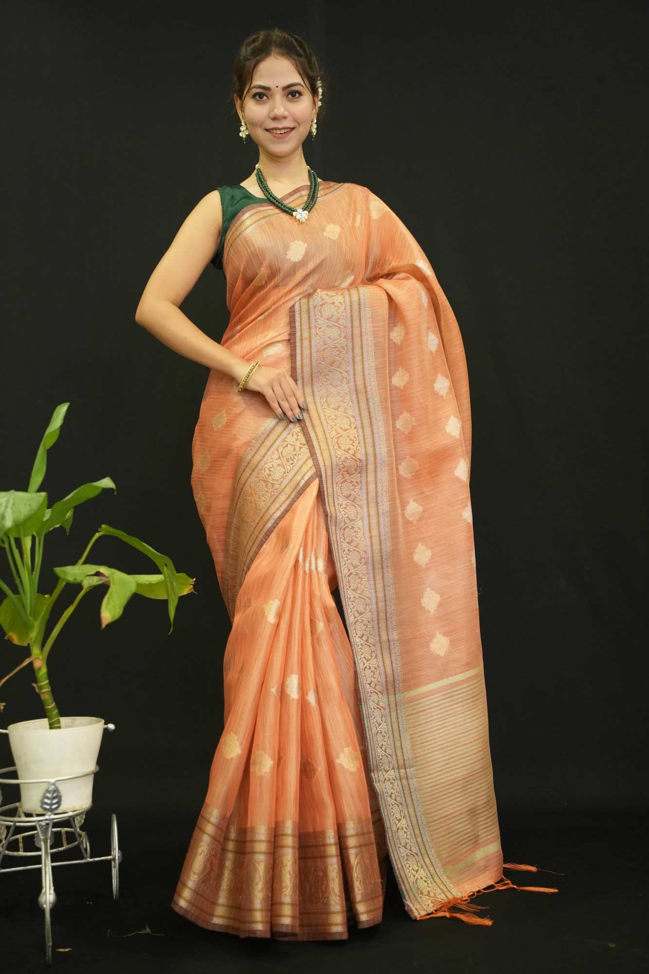 Beautiful Peach Cotton Silk With Zari Buttas Overall And Detailed  Bordered Wrap In One Minute Saree