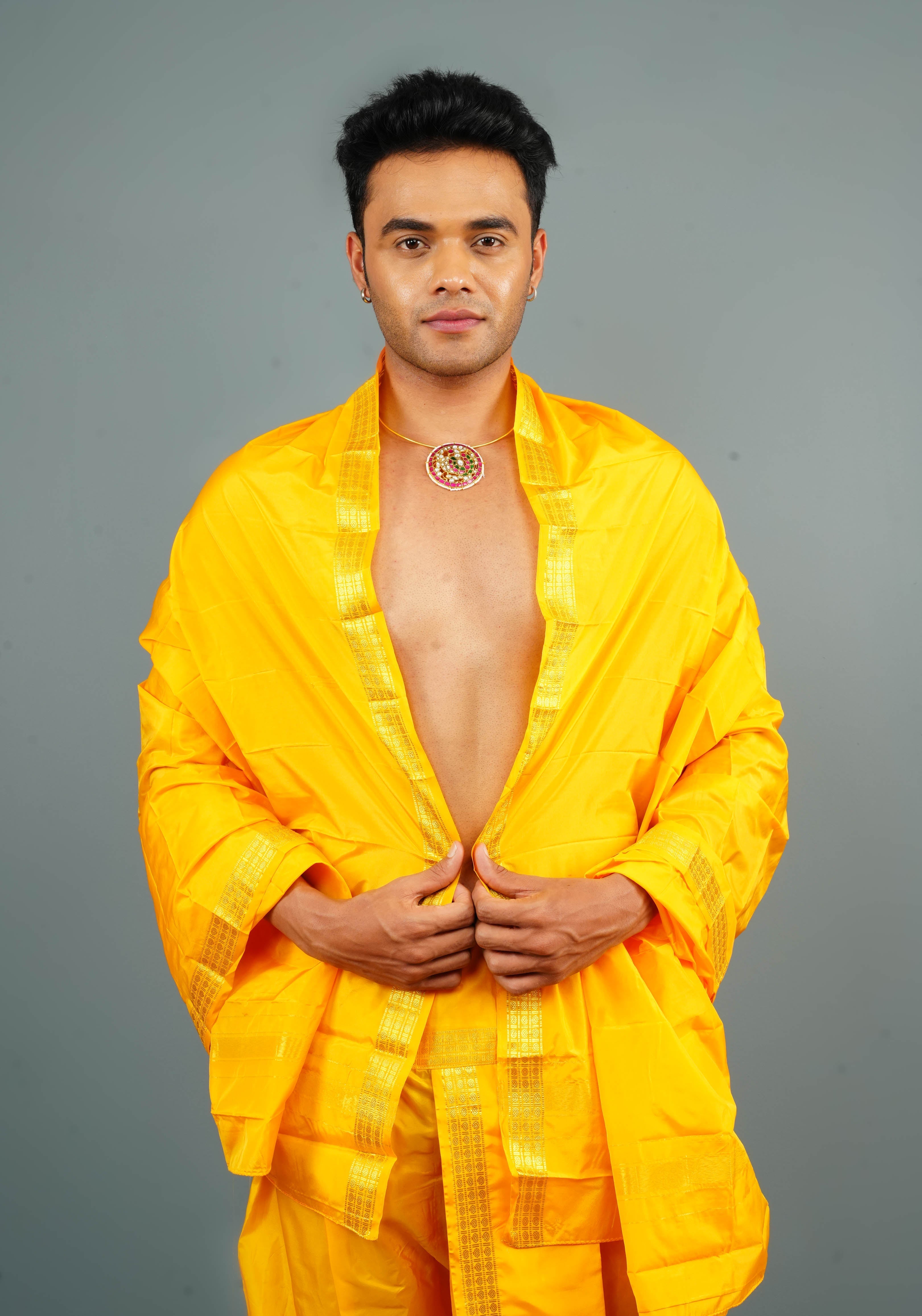 Yellow Stitched Dhoti and Angavastram 2 PIece Set | Shobitam