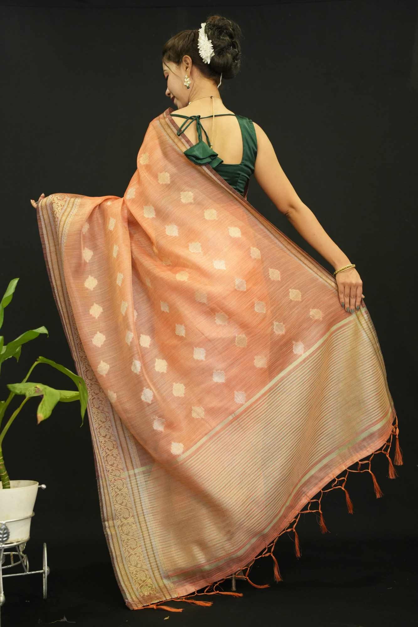 Beautiful Peach Cotton Silk With Zari Buttas Overall And Detailed  Bordered Wrap In One Minute Saree