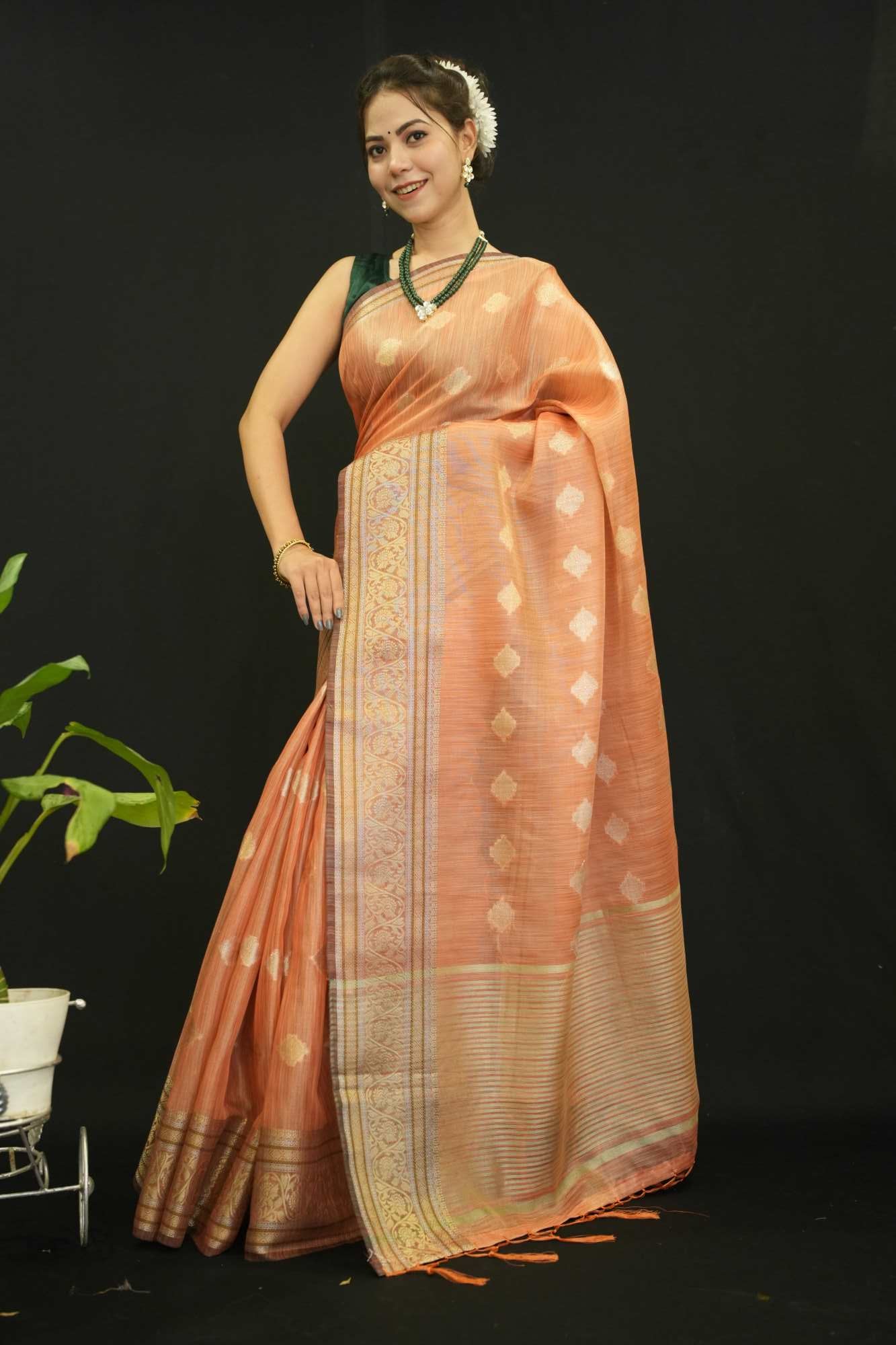 Beautiful Peach Cotton Silk With Zari Buttas Overall And Detailed  Bordered Wrap In One Minute Saree