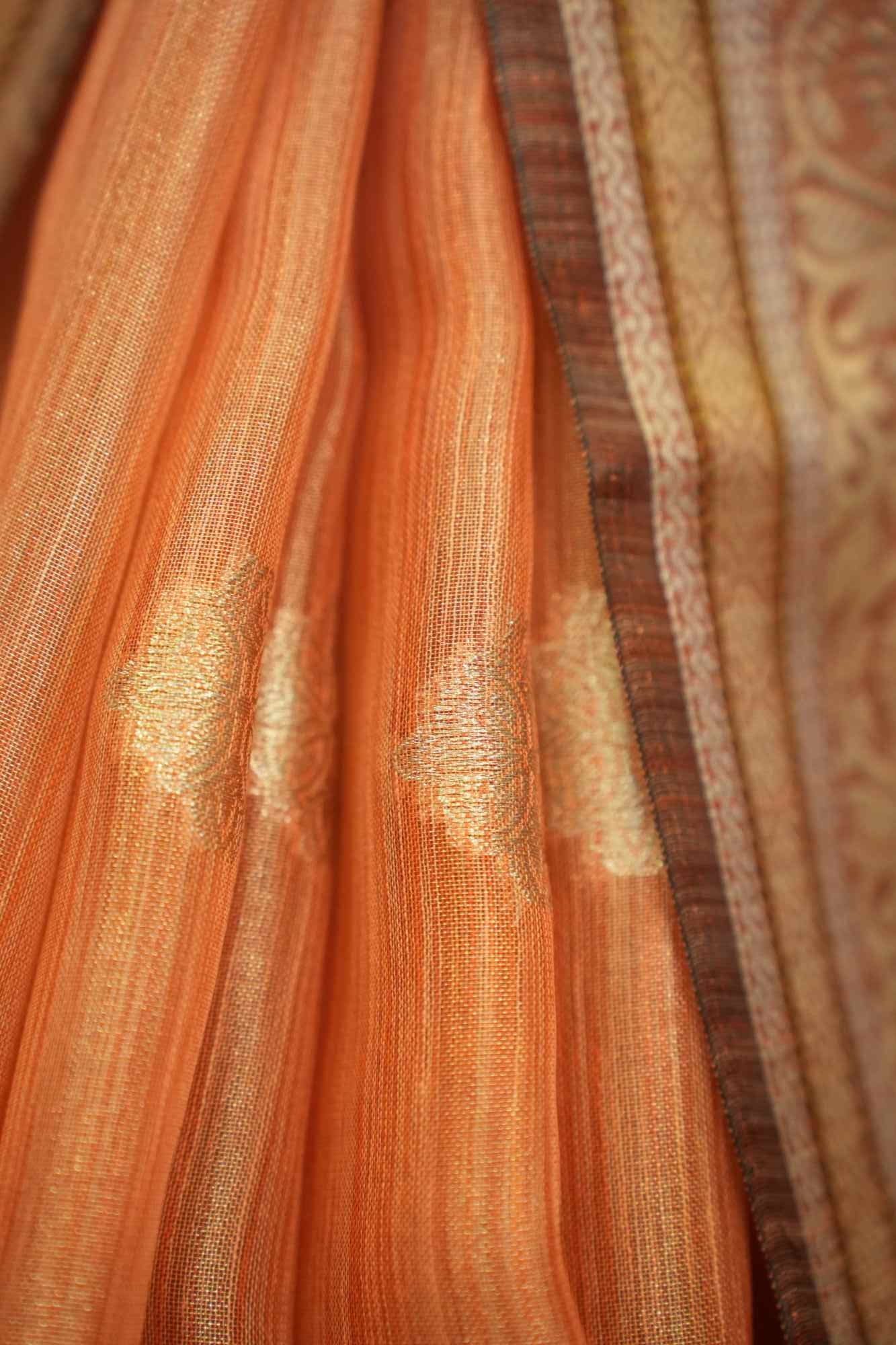 Beautiful Peach Cotton Silk With Zari Buttas Overall And Detailed  Bordered Wrap In One Minute Saree