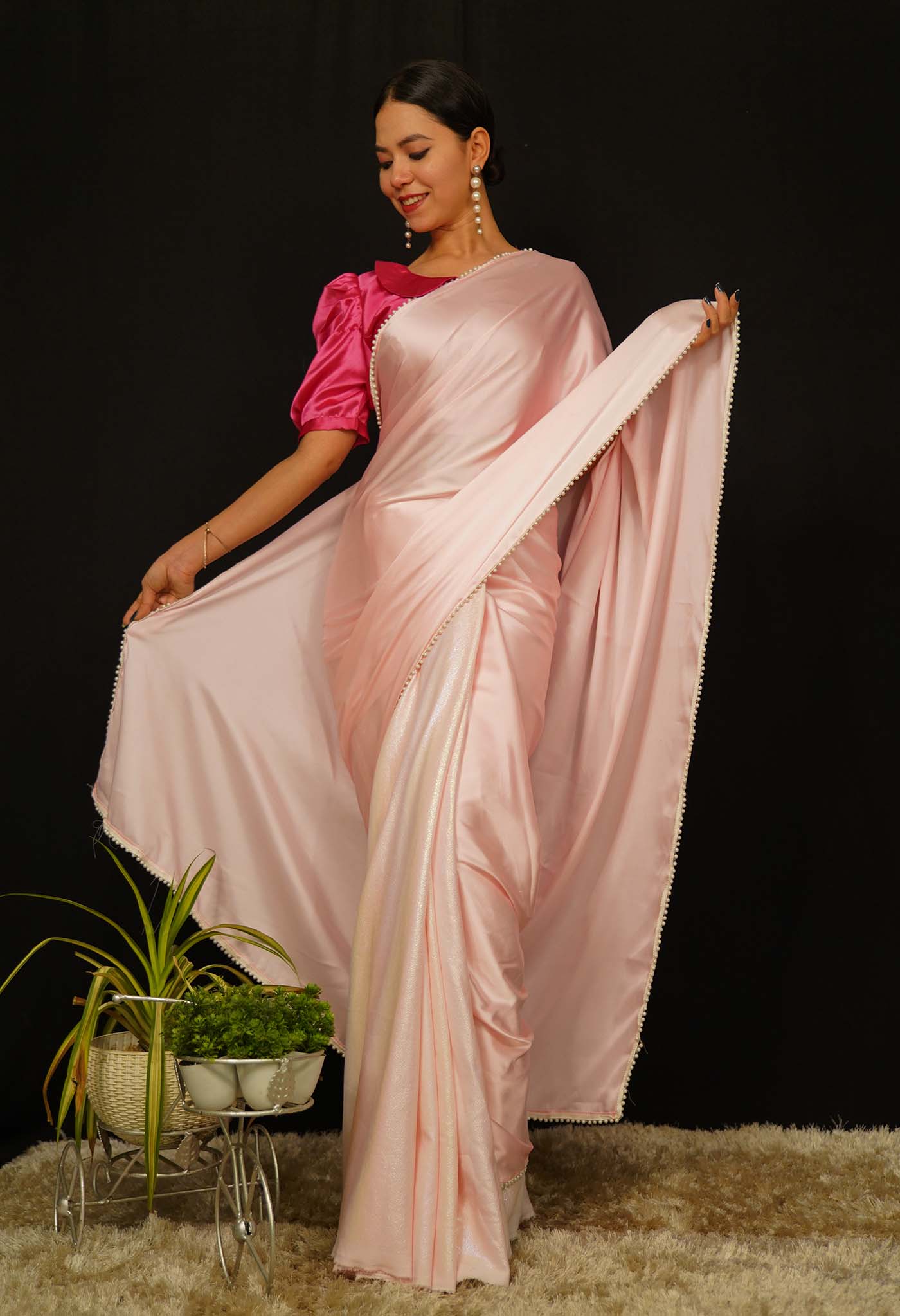 Beautiful Pink Pastel Wrap in 1 minute Saree With Moti Lace Ready to wear saree