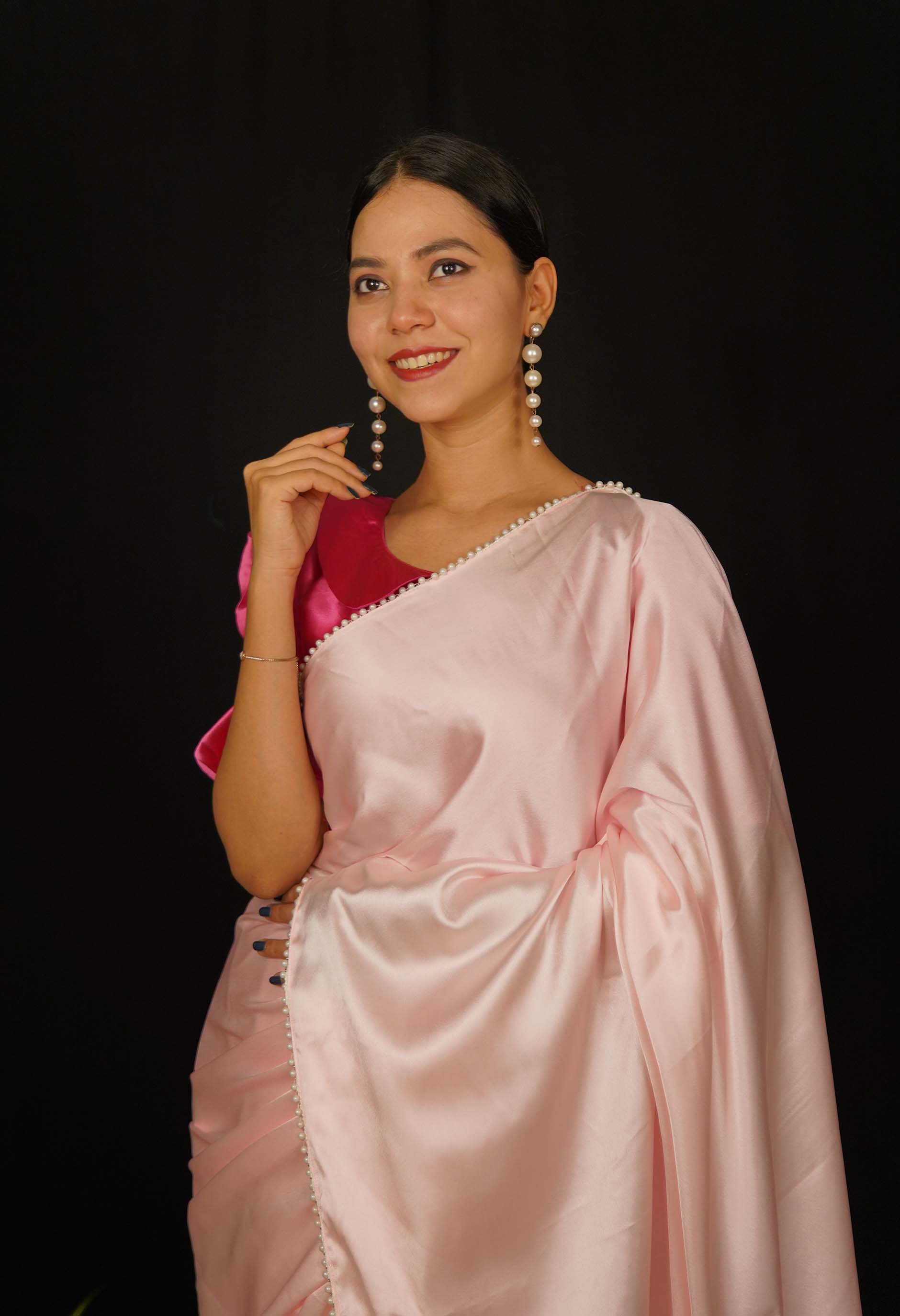 Beautiful Pink Pastel Wrap in 1 minute Saree With Moti Lace Ready to wear saree