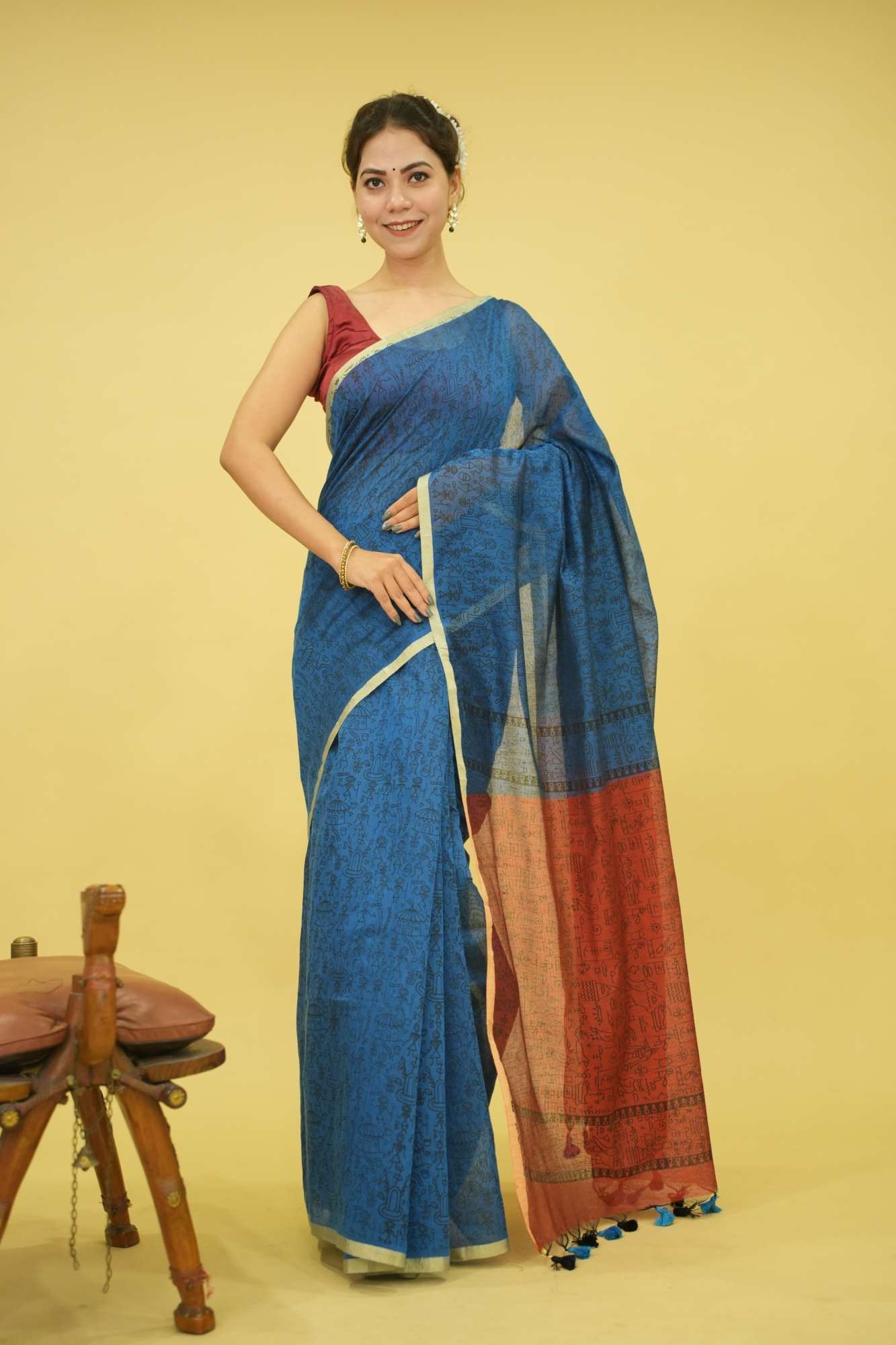 Blue With Red Contrast palla Bastar Art Printed Overall Taseels On Palla Pre Drape Saree