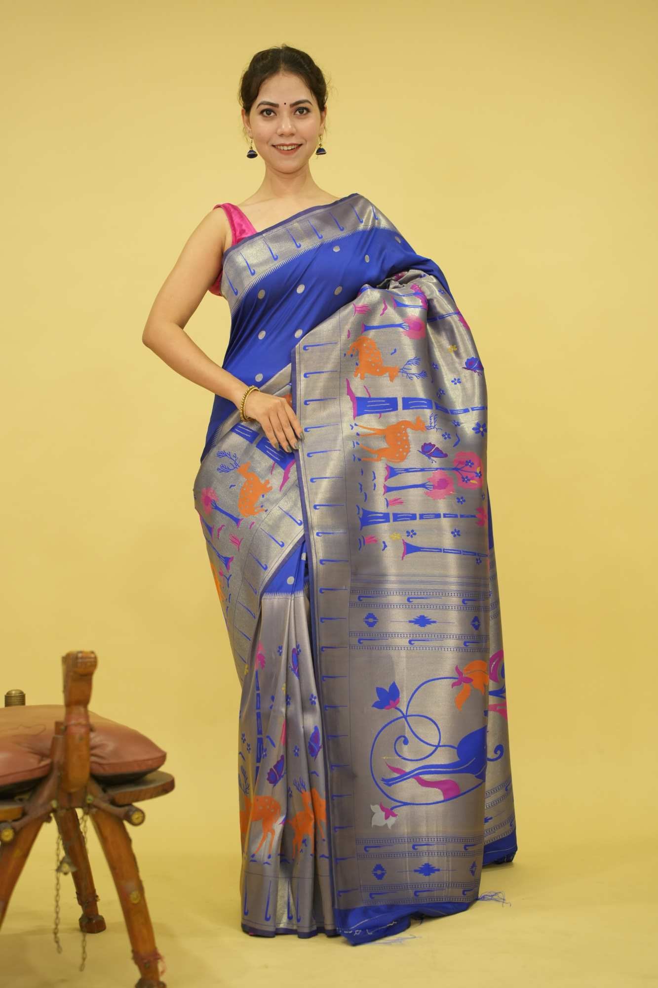 Beautiful Paithani Blue With Madhubani Art Woven Bordered &  Buttis Overall Pre Draped Saree