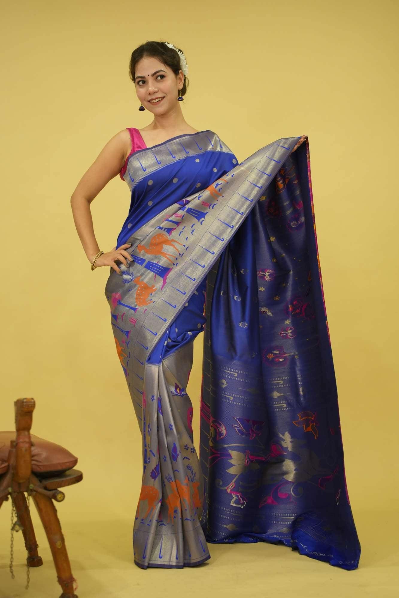 Beautiful Paithani Blue With Madhubani Art Woven Bordered &  Buttis Overall Pre Draped Saree