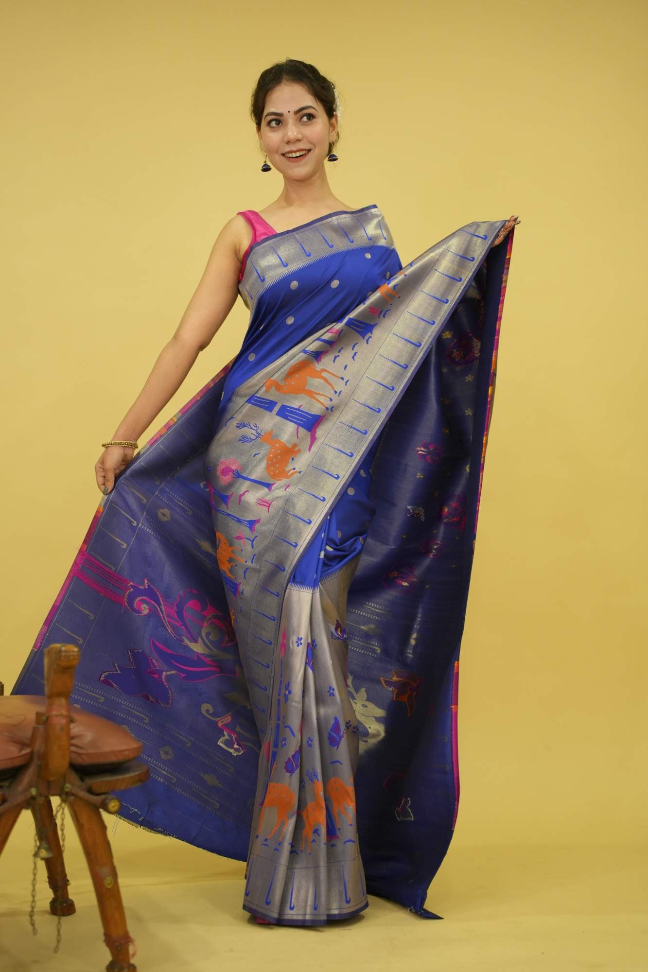 Beautiful Paithani Blue With Madhubani Art Woven Bordered &  Buttis Overall Pre Draped Saree