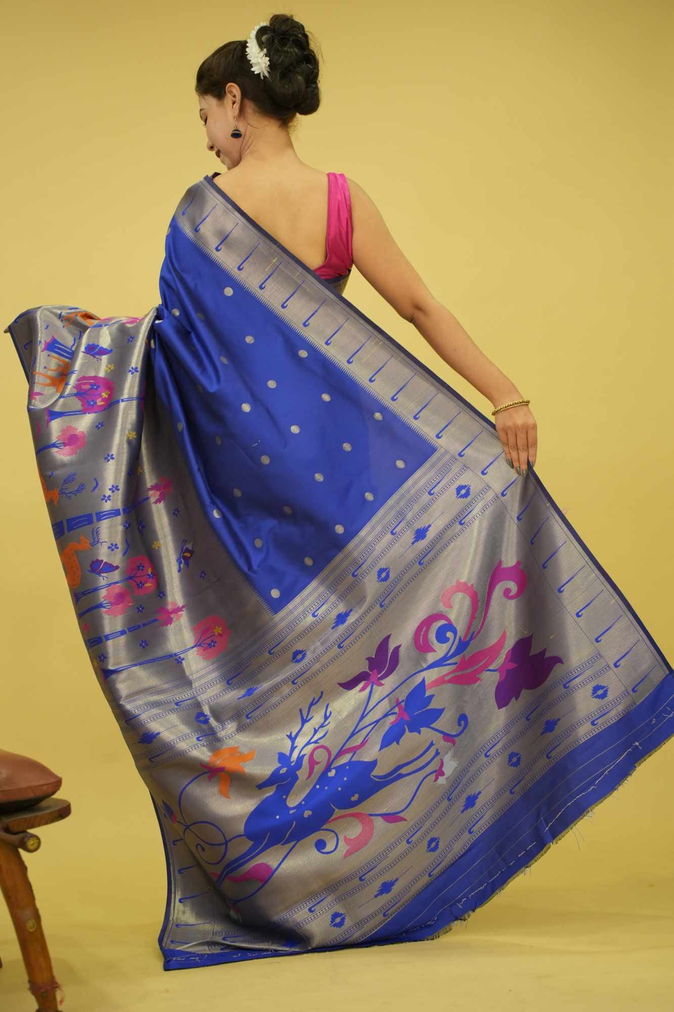 Beautiful Paithani Blue With Madhubani Art Woven Bordered &  Buttis Overall Pre Draped Saree