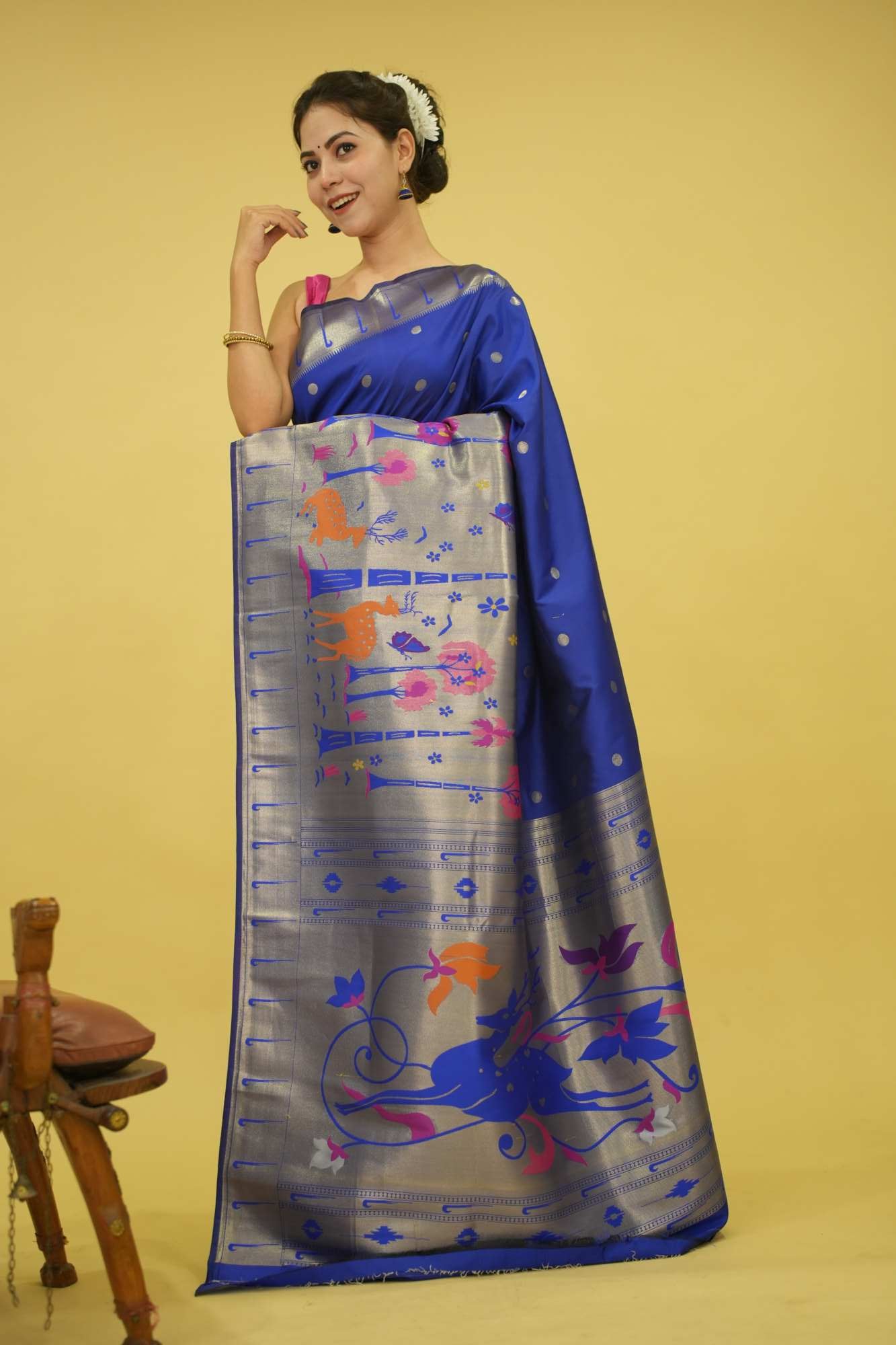 Beautiful Paithani Blue With Madhubani Art Woven Bordered &  Buttis Overall Pre Draped Saree