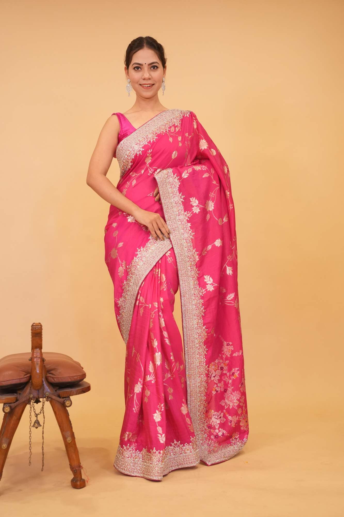 Pink Floral Zaal Overall With Silver Gotta Patti Bordered & Stone Embllished Wrap In One Minute Saree