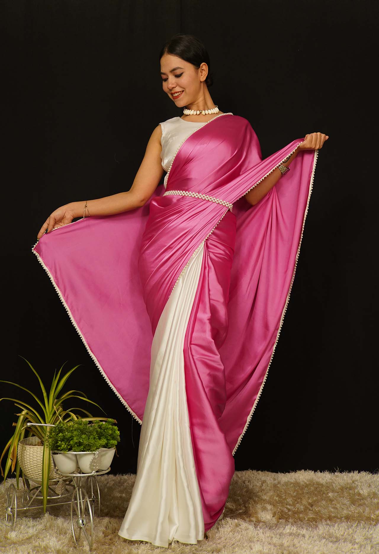 Contrast Pink and White  Satin Half And Half  With White Moti Lace Wrap in 1 Minute Saree