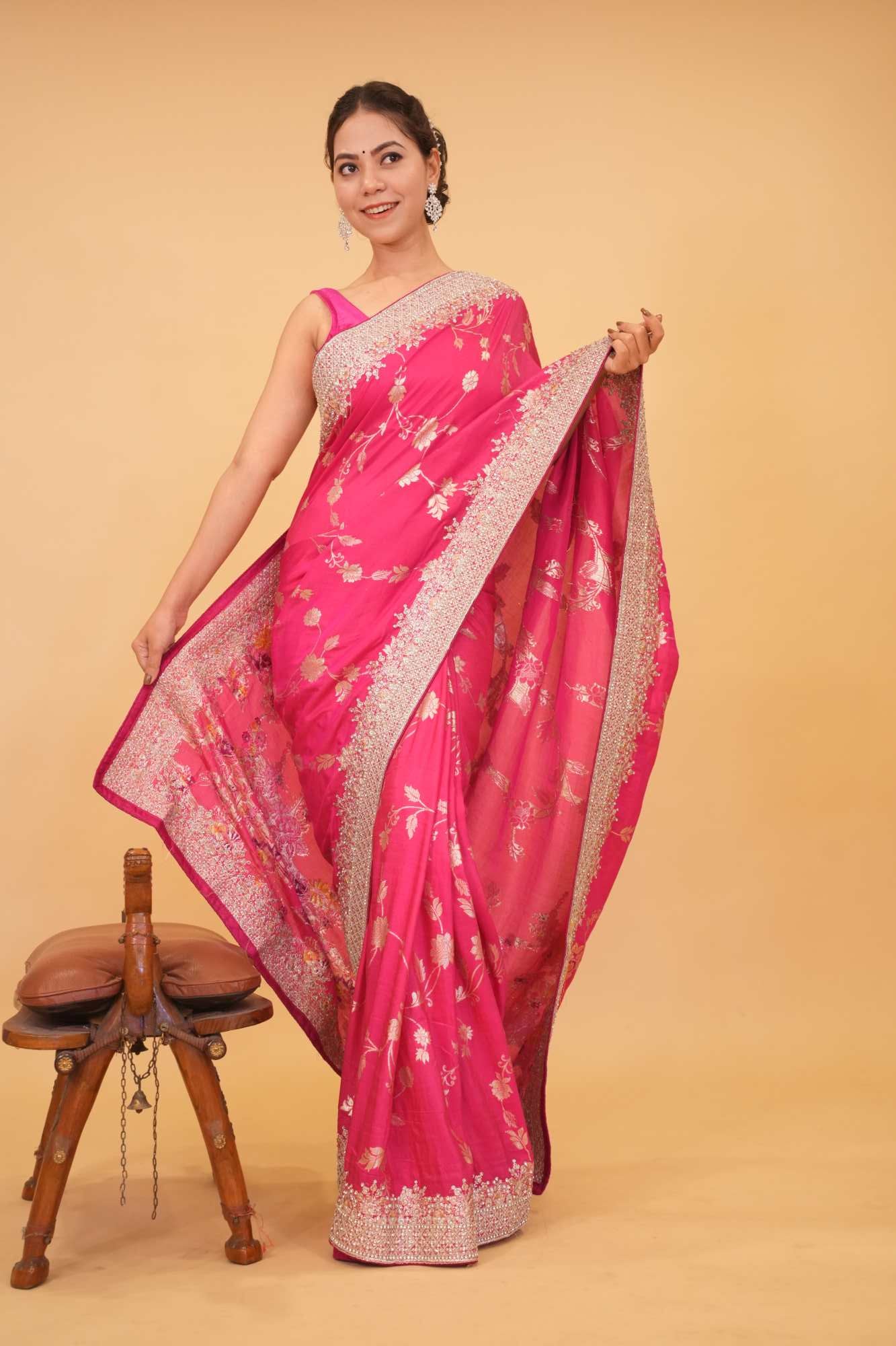 Pink Floral Zaal Overall With Silver Gotta Patti Bordered & Stone Embllished Wrap In One Minute Saree