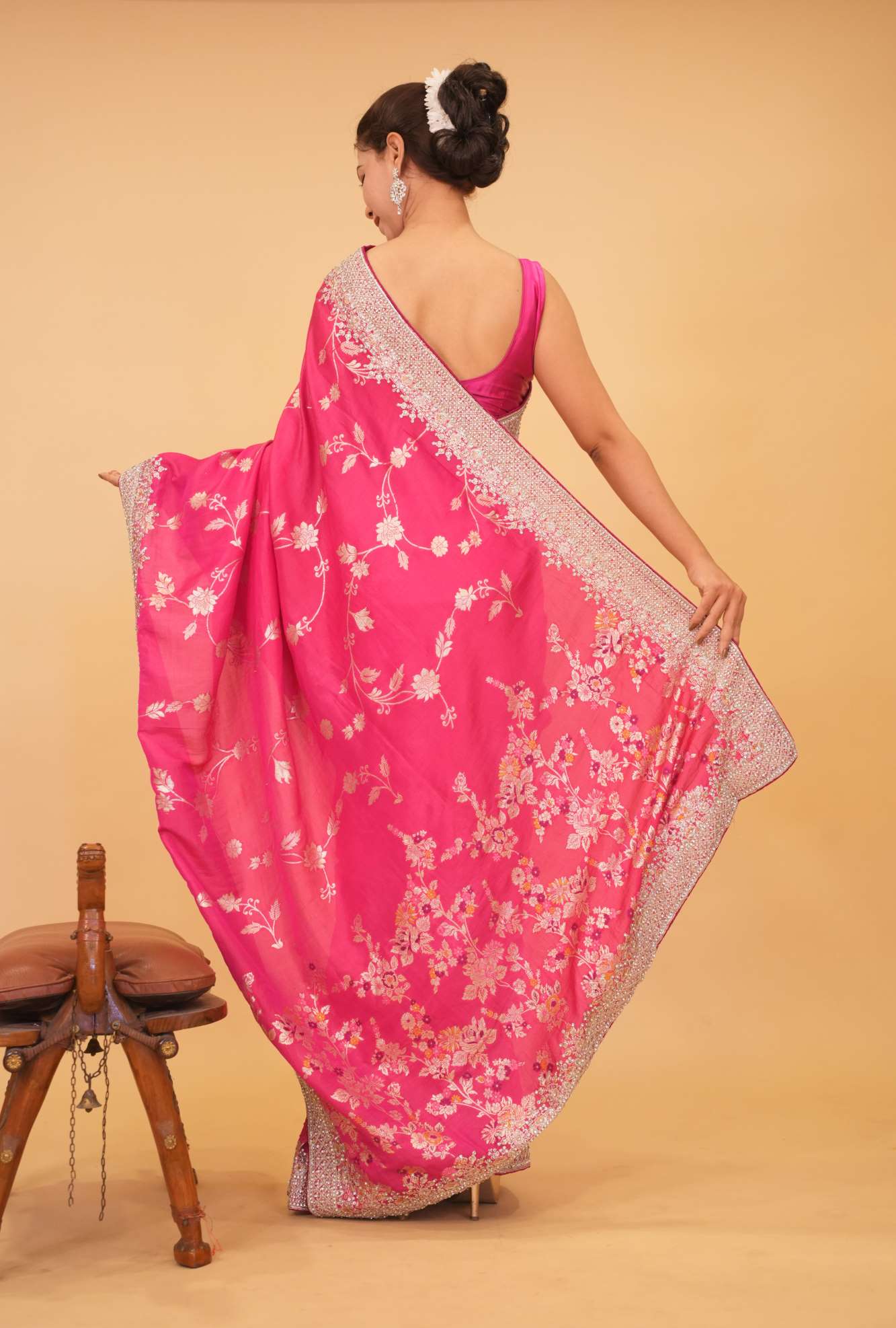 Pink Floral Zaal Overall With Silver Gotta Patti Bordered & Stone Embllished Wrap In One Minute Saree