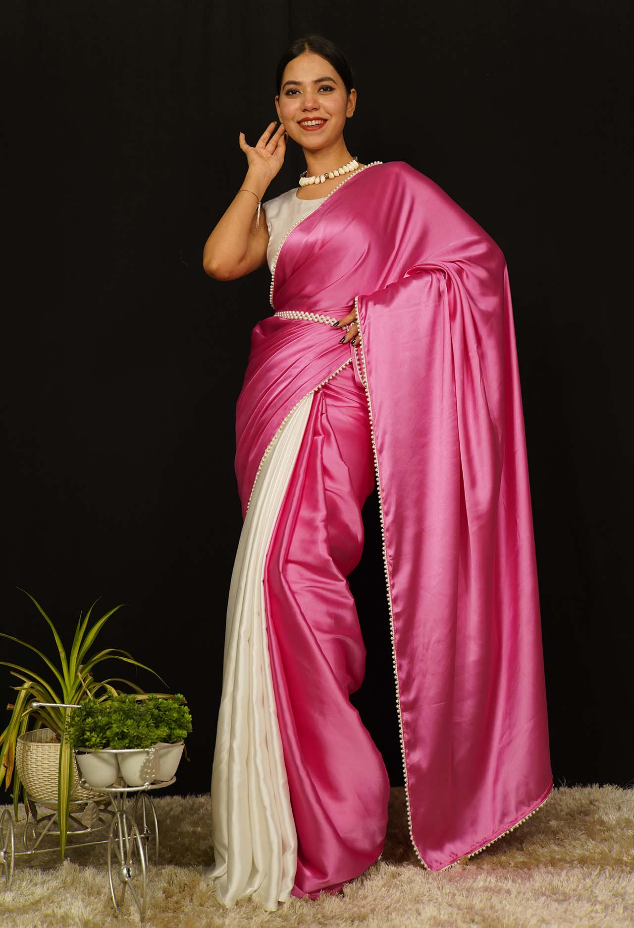 Georgette Half N Half Saree in Old Rose – Common Kiwi