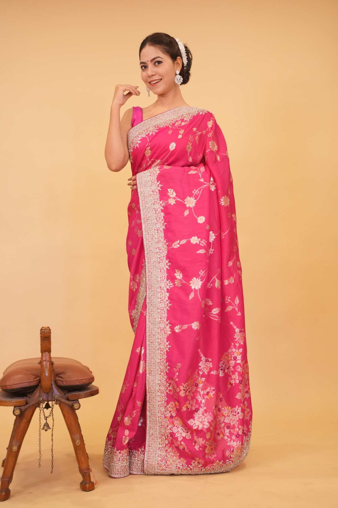 Pink Floral Zaal Overall With Silver Gotta Patti Bordered & Stone Embllished Wrap In One Minute Saree