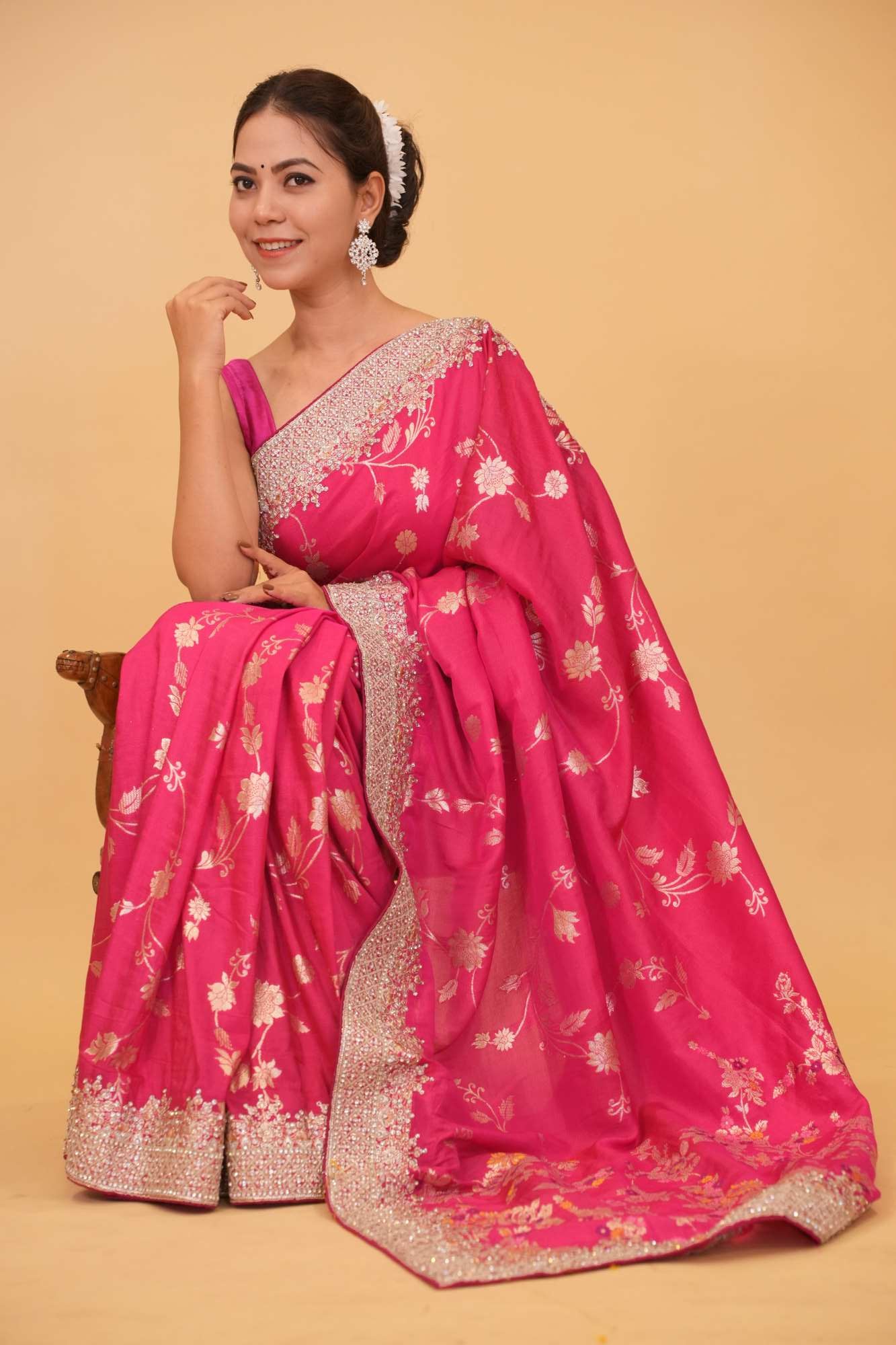 Pink Floral Zaal Overall With Silver Gotta Patti Bordered & Stone Embllished Wrap In One Minute Saree