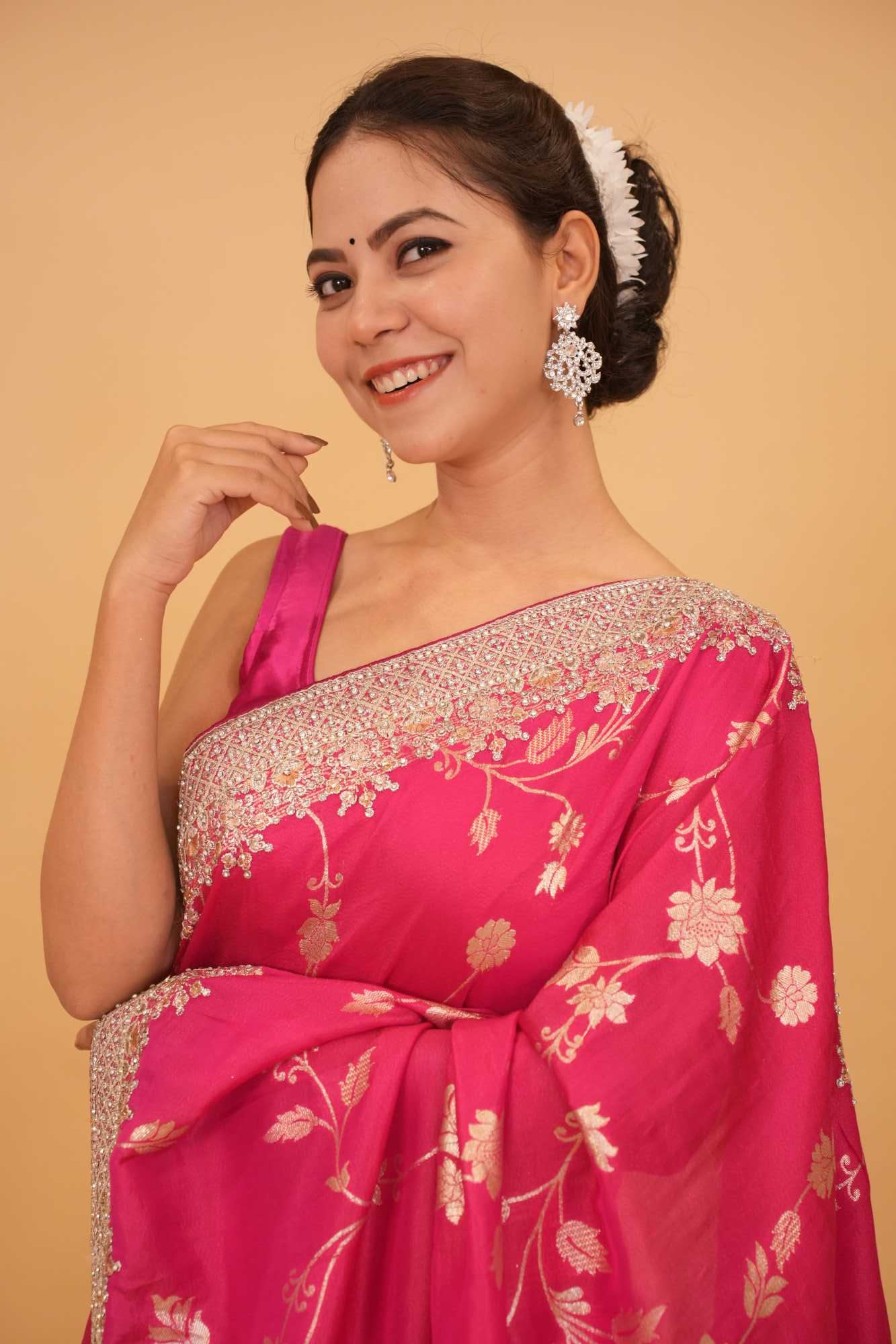 Pink Floral Zaal Overall With Silver Gotta Patti Bordered & Stone Embllished Wrap In One Minute Saree