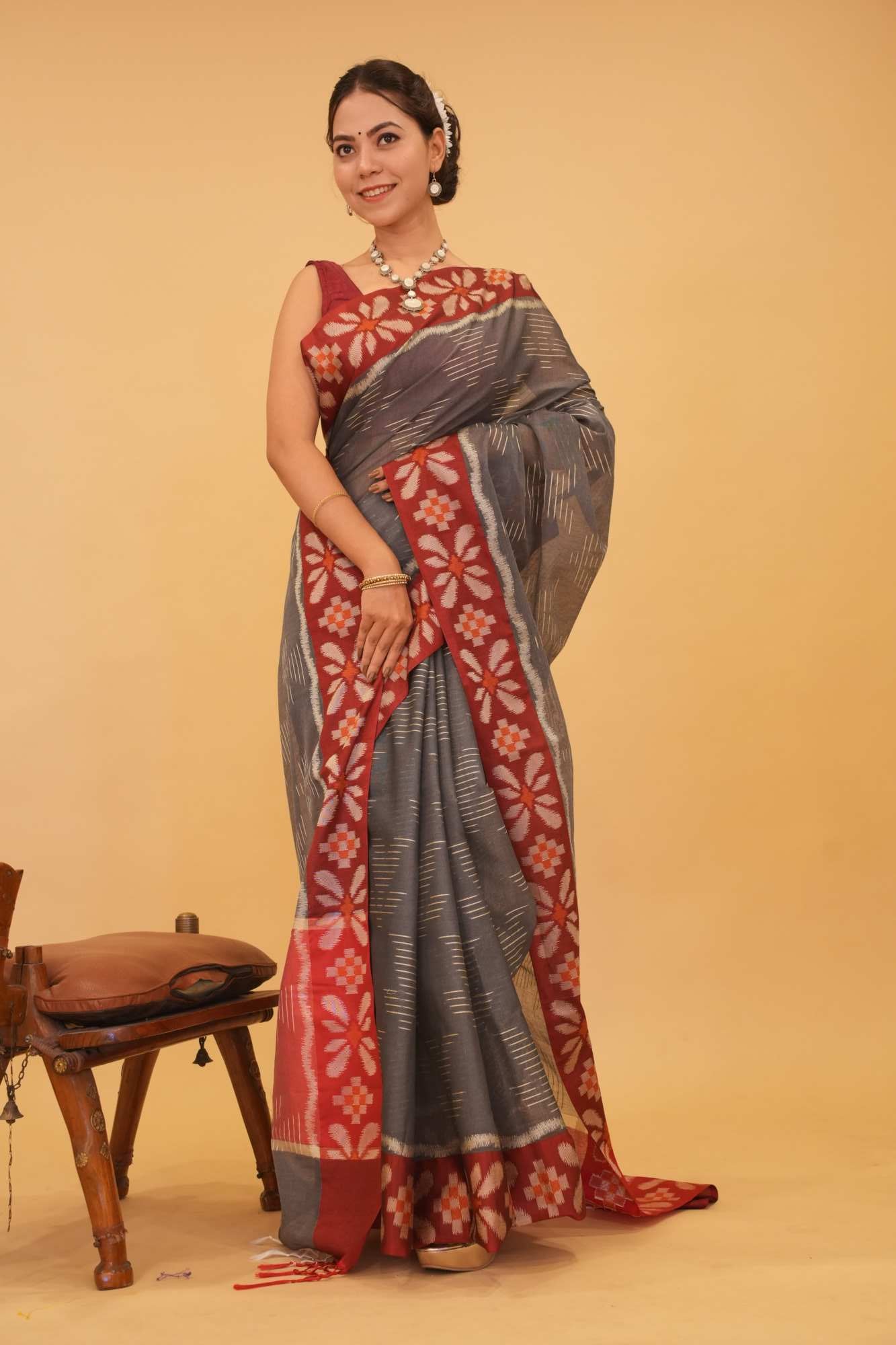 Grey With Thread Weave & Red Contrast Floral Border  Wrap In One Minute saree