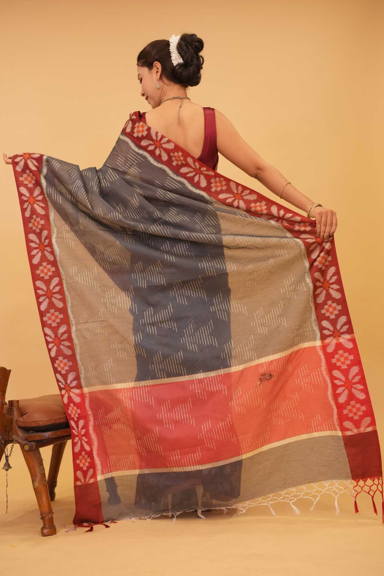 Grey With Thread Weave & Red Contrast Floral Border  Wrap In One Minute saree