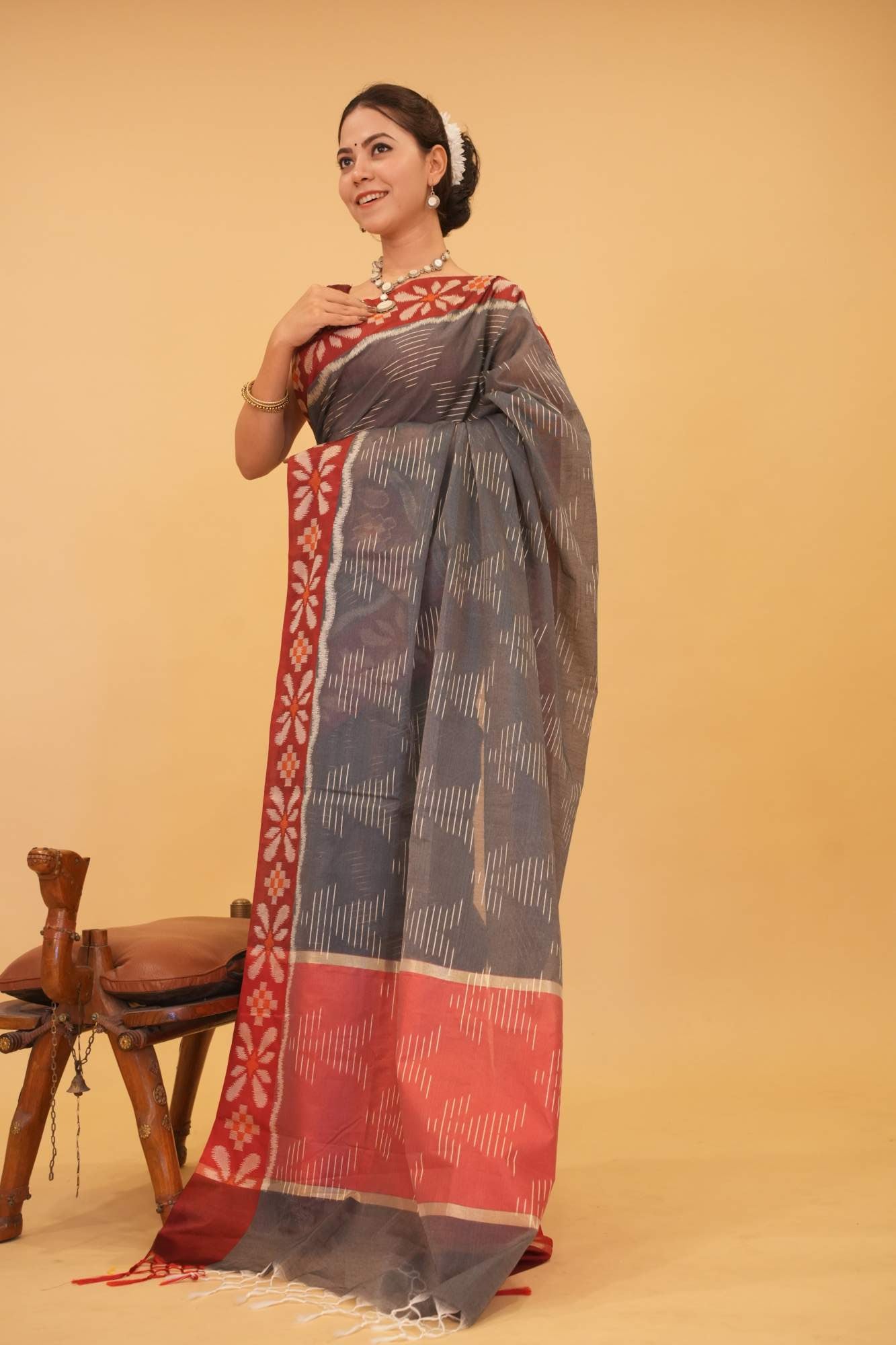 Grey With Thread Weave & Red Contrast Floral Border  Wrap In One Minute saree