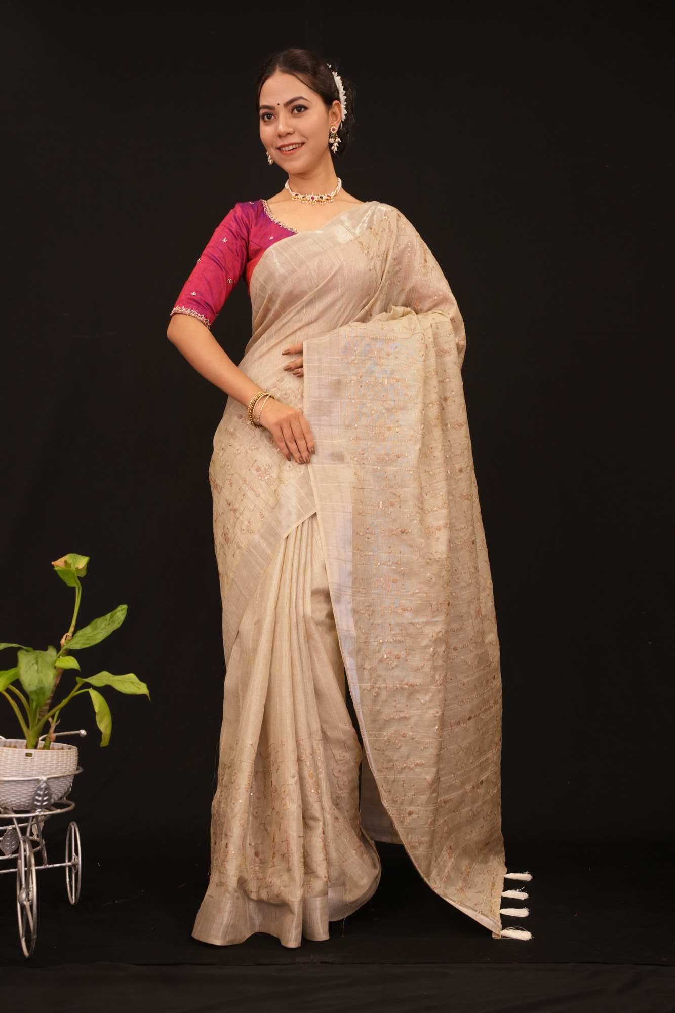 Ready to wear khadi Cotton With Bastar Art Thread Embroidered & Sequin Embllished Pre Drape Saree