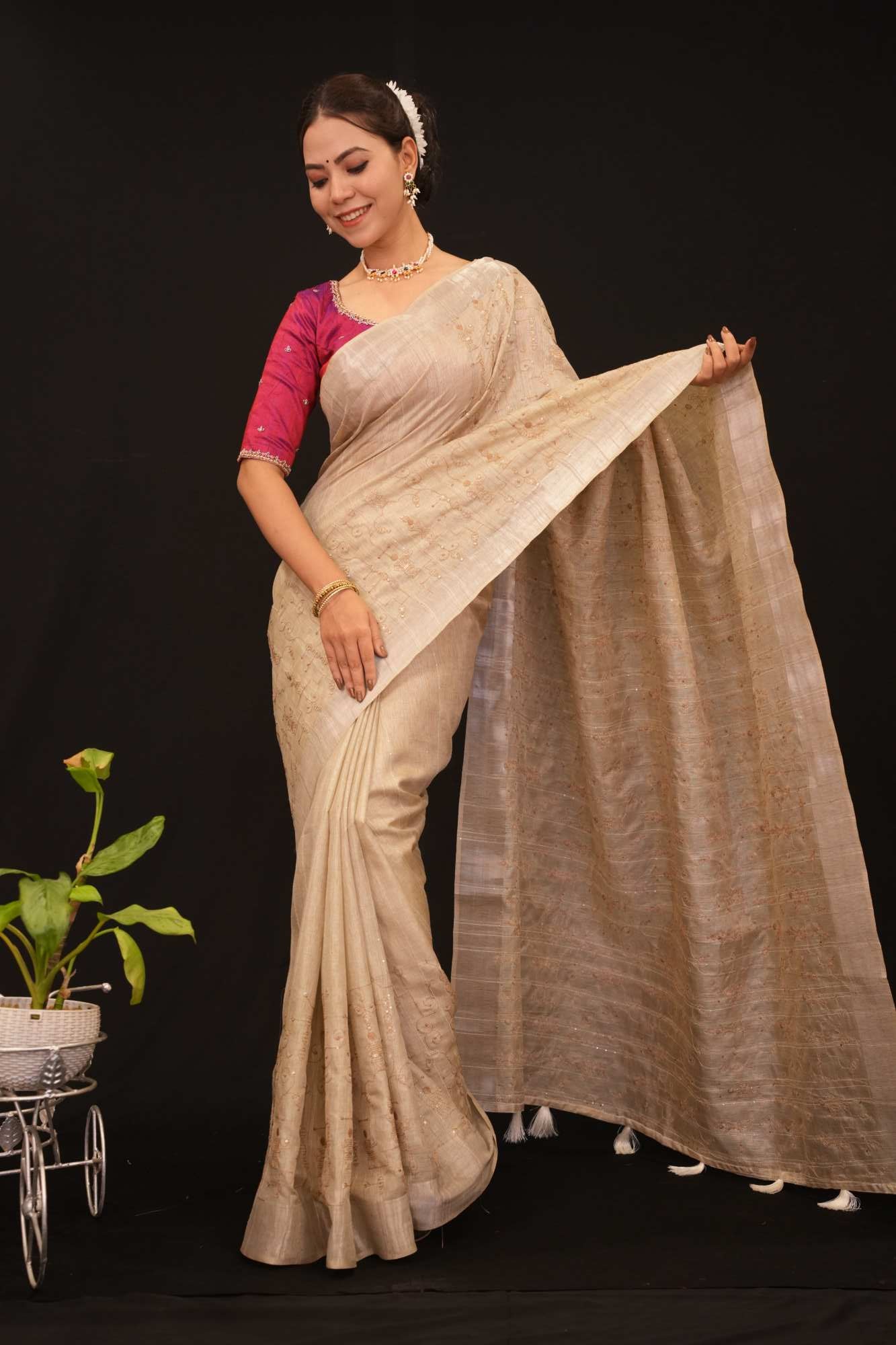 Ready to wear khadi Cotton With Bastar Art Thread Embroidered & Sequin Embllished Pre Drape Saree