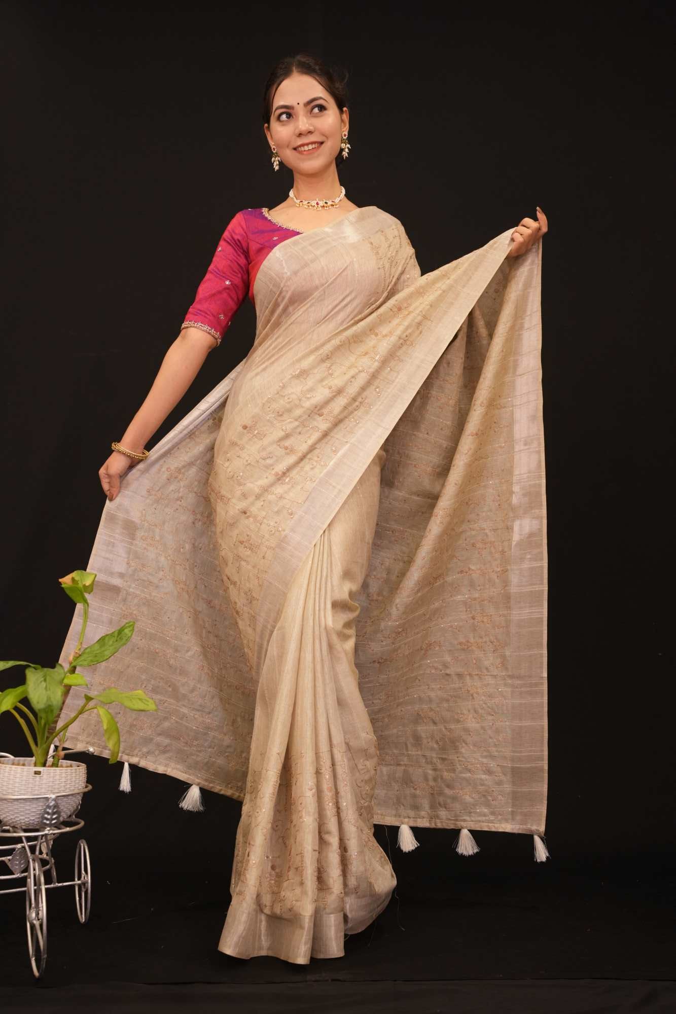 Ready to wear khadi Cotton With Bastar Art Thread Embroidered & Sequin Embllished Pre Drape Saree