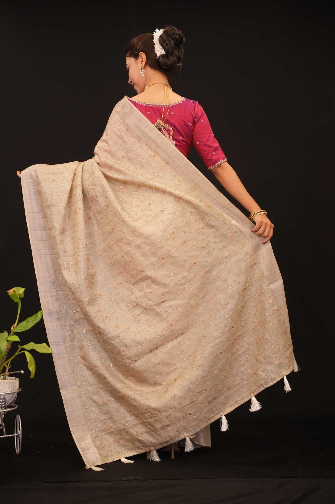 Ready to wear khadi Cotton With Bastar Art Thread Embroidered & Sequin Embllished Pre Drape Saree