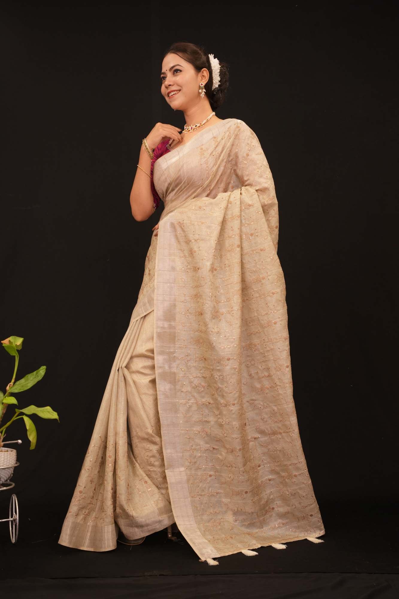 Ready to wear khadi Cotton With Bastar Art Thread Embroidered & Sequin Embllished Pre Drape Saree