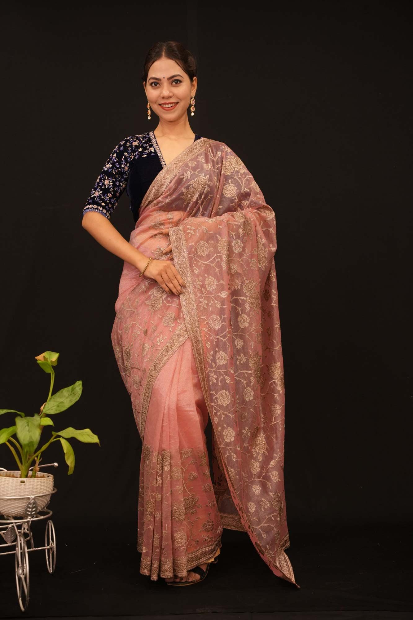 Beautiful Shimmery With Golden Zari Detailed Floral Zaal Detail & Stone Embllished  Pre Drape Saree