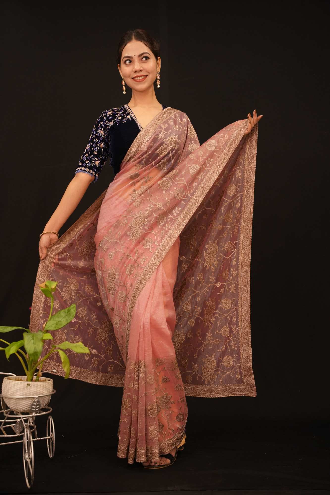 Beautiful Shimmery With Golden Zari Detailed Floral Zaal Detail & Stone Embllished  Pre Drape Saree