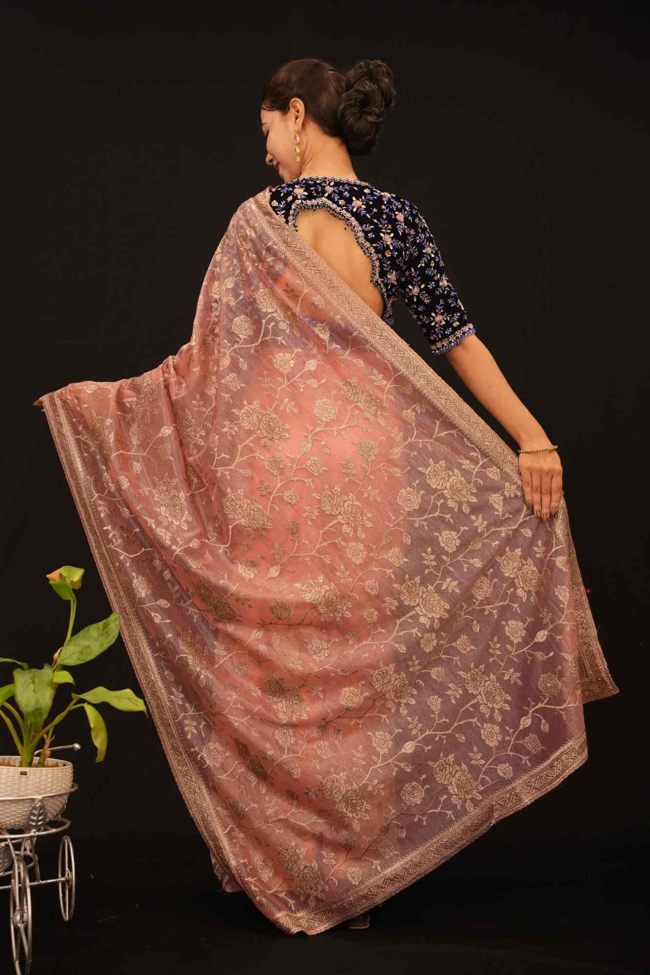 Beautiful Shimmery With Golden Zari Detailed Floral Zaal Detail & Stone Embllished  Pre Drape Saree