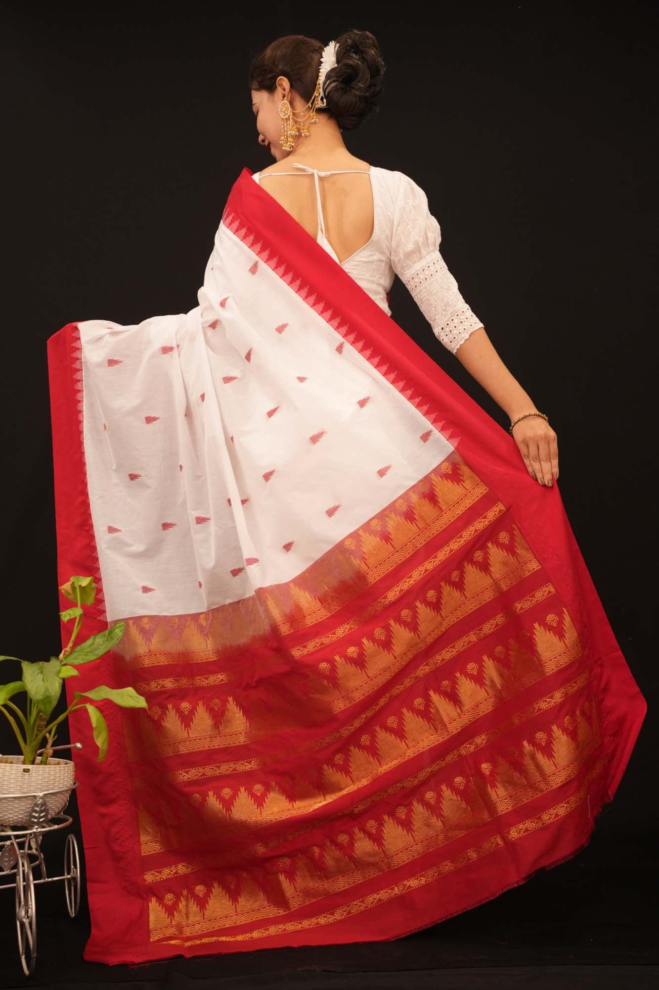 White With Red Temple Bordered Zari Butta Ornate Palla Pre Drape Saree