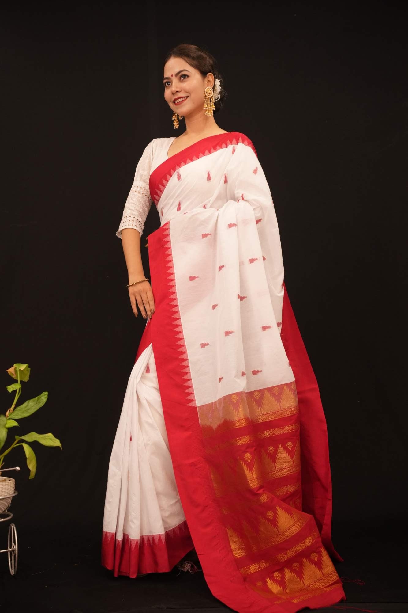 White With Red Temple Bordered Zari Butta Ornate Palla Pre Drape Saree