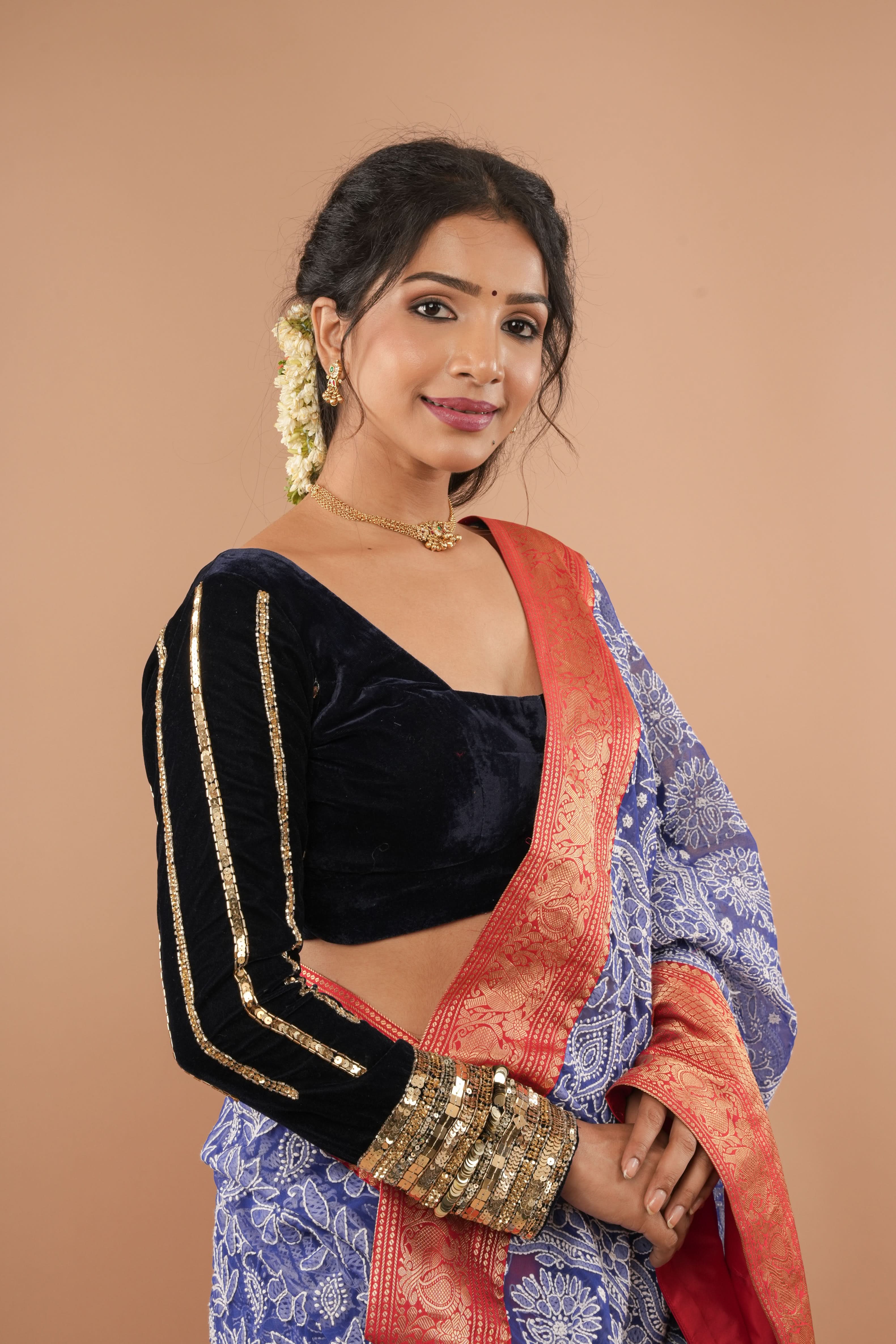 Navy Blue velvet blouse with asymmetric vertical designs sequin handwork | Made to Order | Shobitam