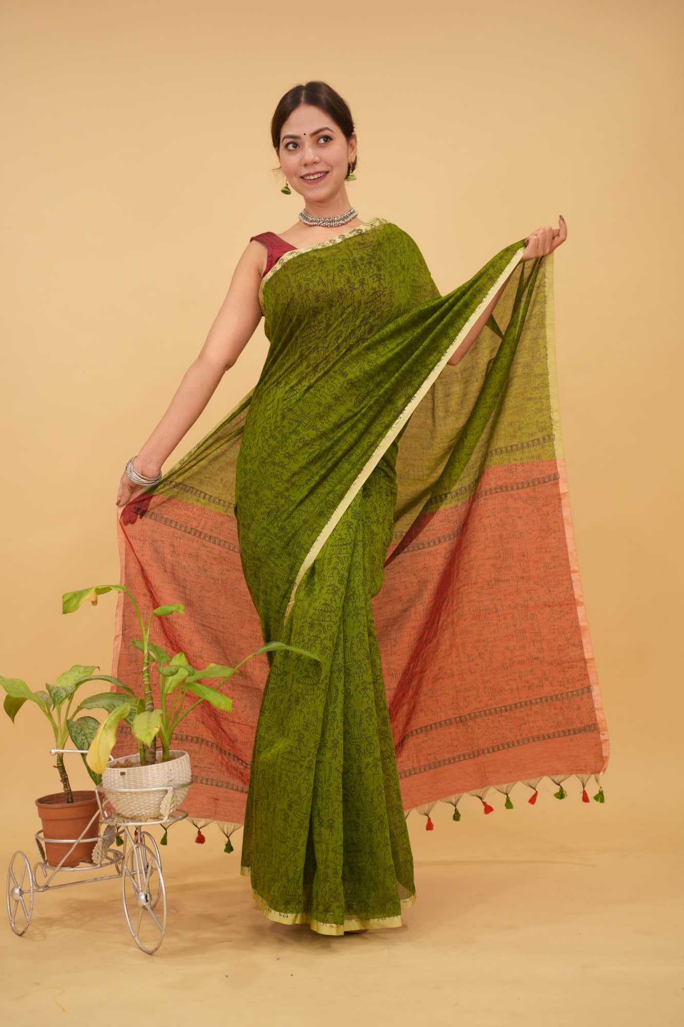 Green With Red Contrast palla Bastar Art Printed Overall Taseels On Palla Pre Drape Saree