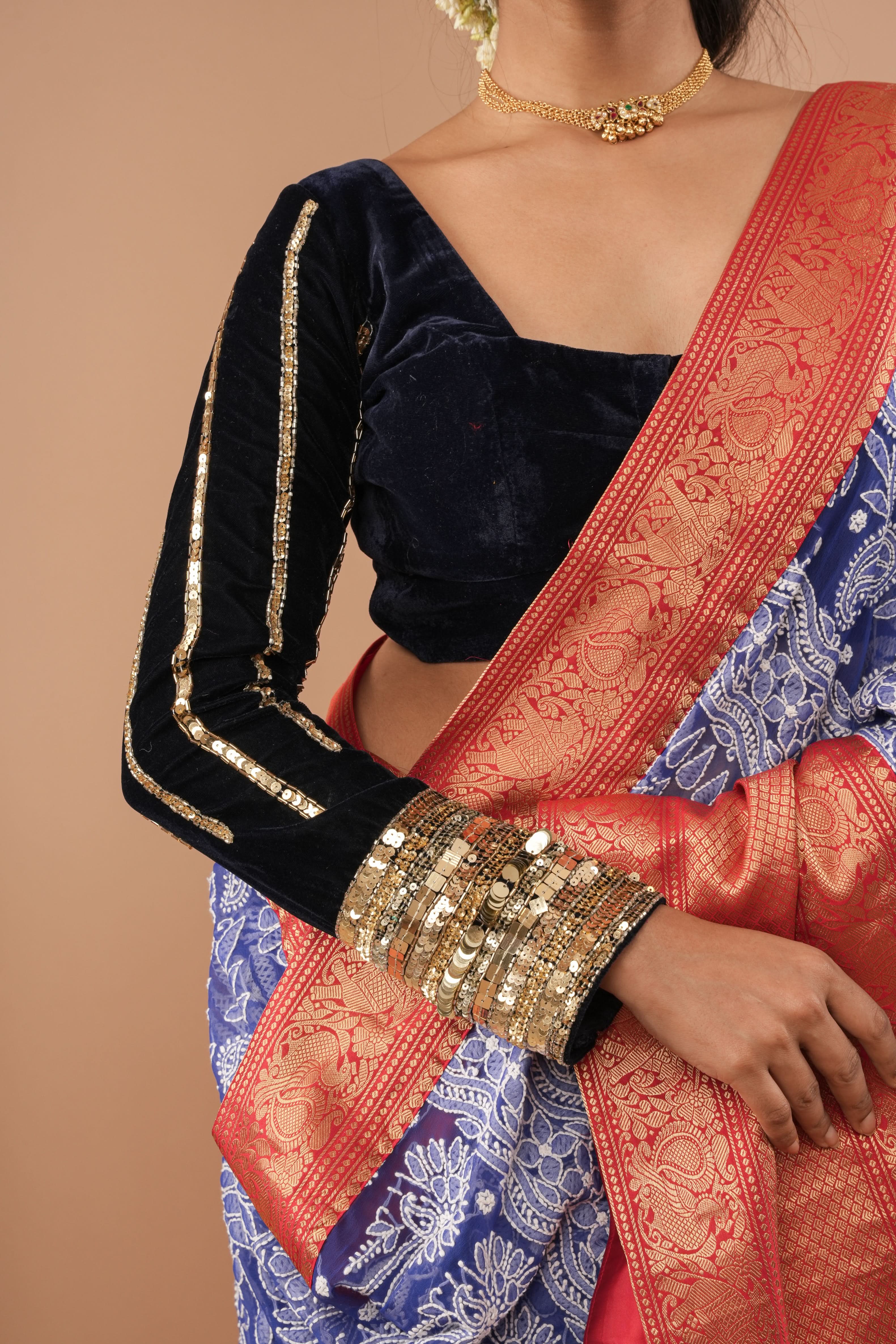 Navy Blue velvet blouse with asymmetric vertical designs sequin handwork | Made to Order | Shobitam