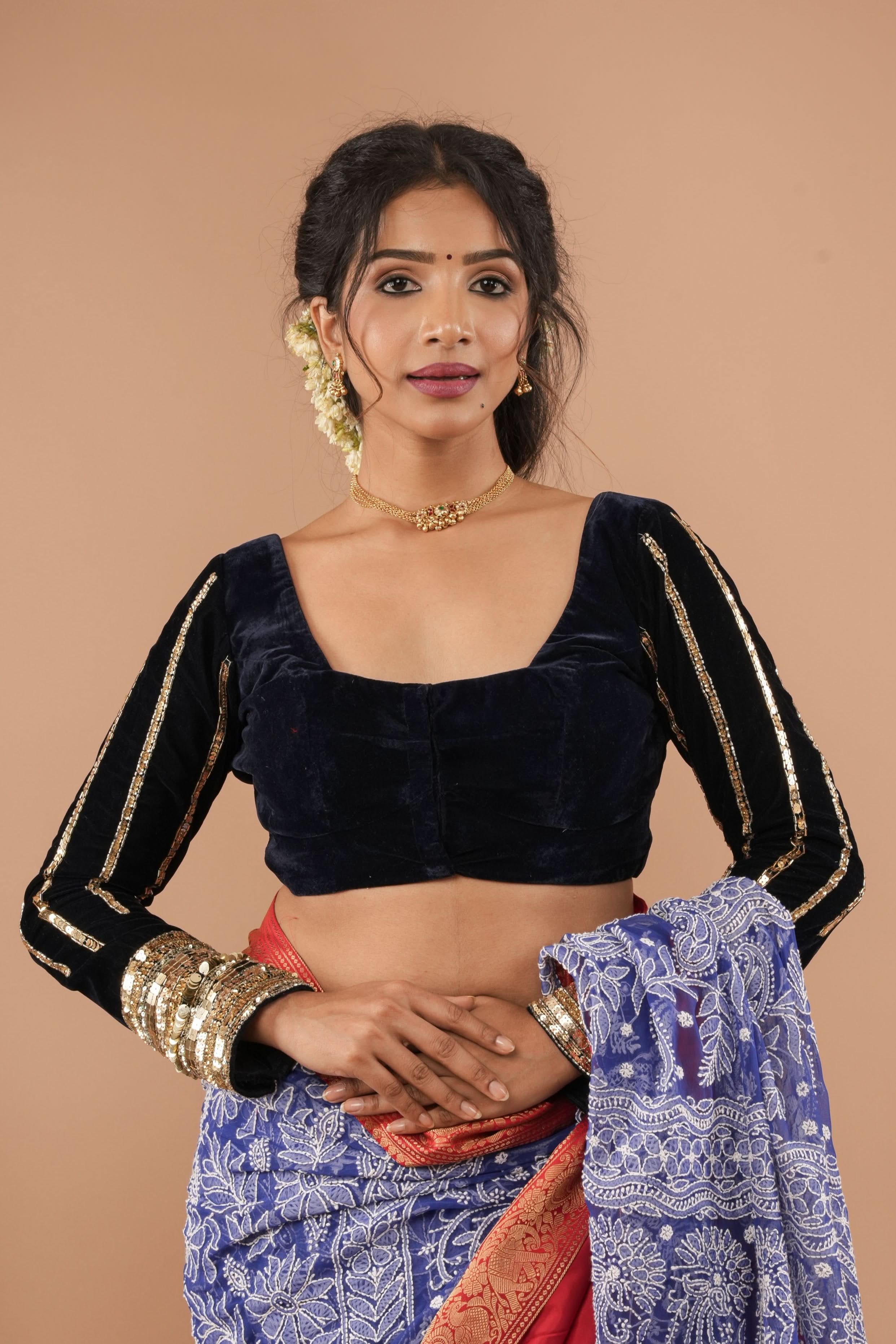 Navy Blue velvet blouse with asymmetric vertical designs sequin handwork | Made to Order | Shobitam