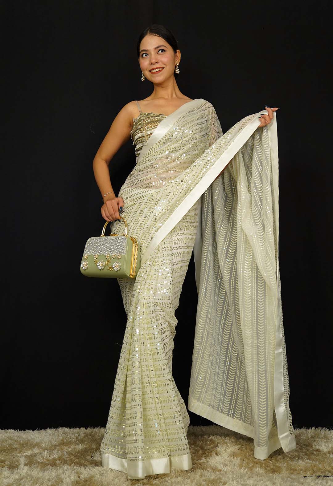 Ready To Wear  Party Embellished Sequined With Solid Border  Wrap in 1 minute saree
