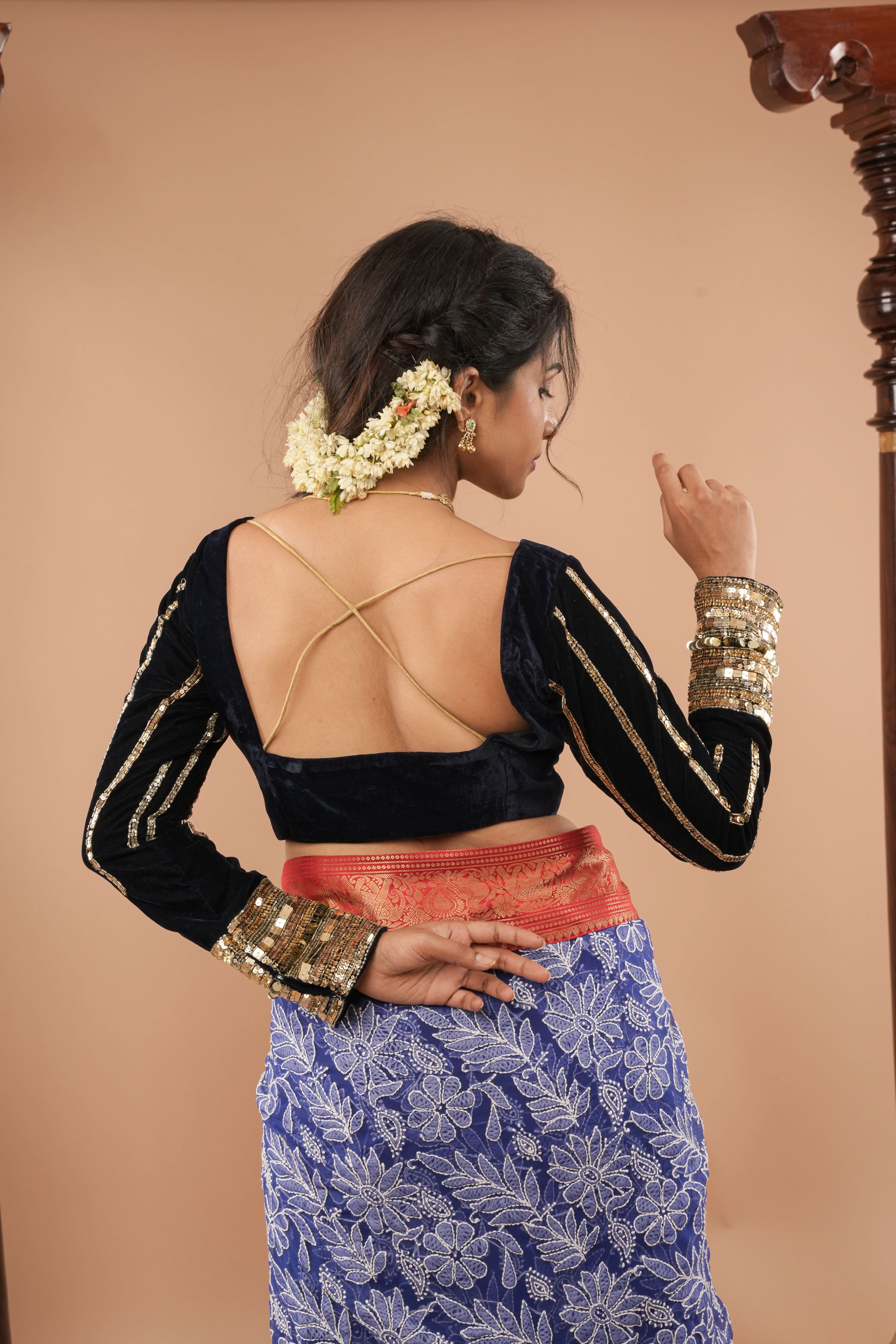 Navy Blue velvet blouse with asymmetric vertical designs sequin handwork | Made to Order | Shobitam