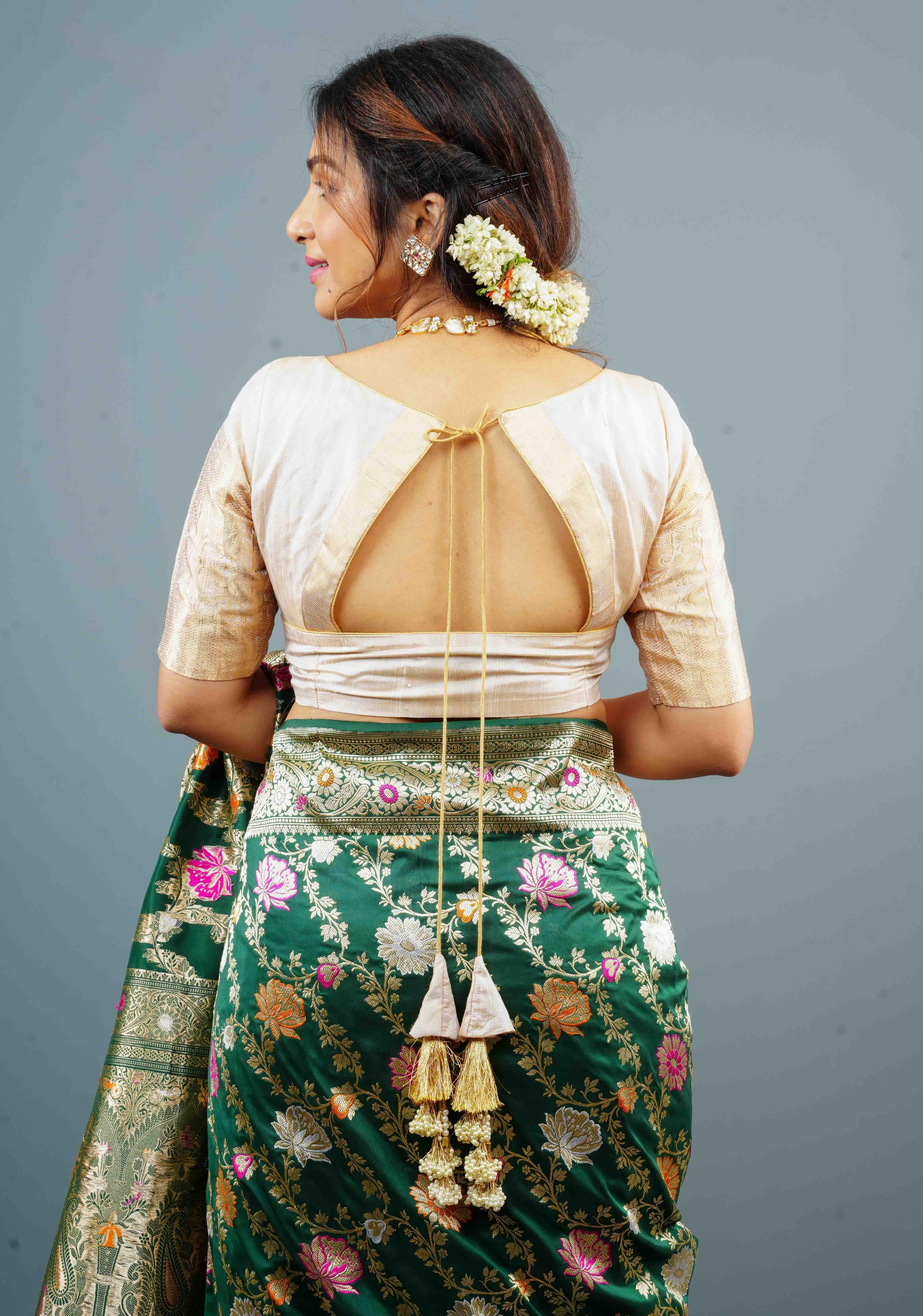 Ivory Gold Pure Tissue Raw Silk Blouse with Wide Zari Sleeves, Customizable, Made to Order | Shobitam