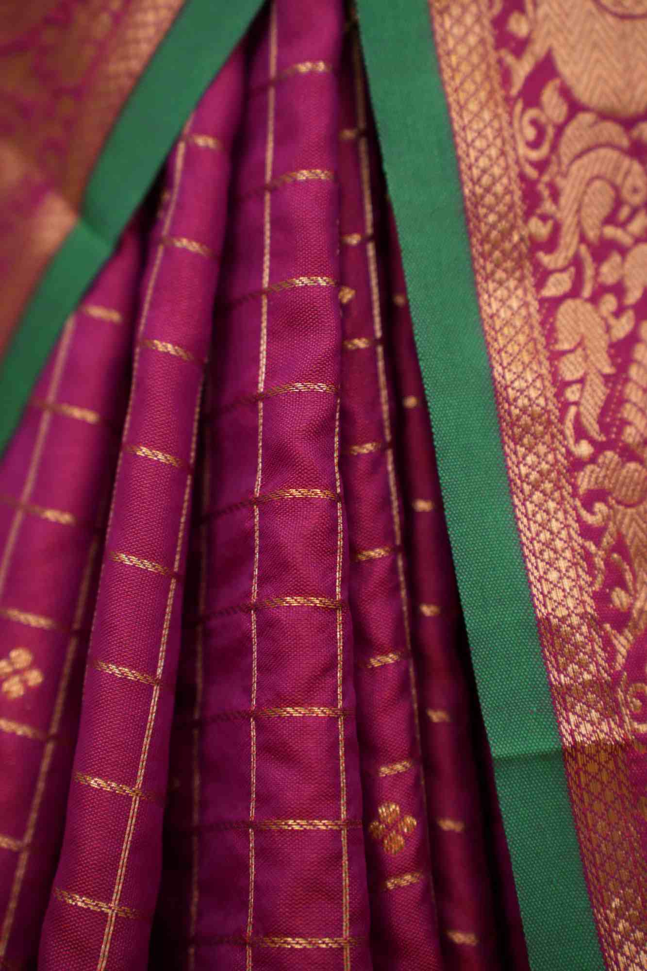 Ready To Wear Kanchipuram Checks Woven Zari Stripe Saree With Broad Contrast Border & Ornate Pallu