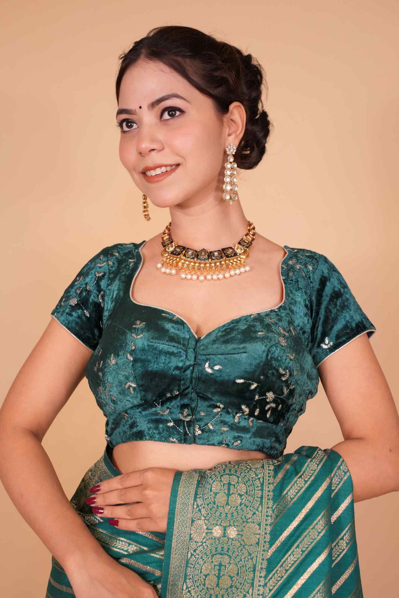 Rama green velvet with Antique Gold sequins Arch Neck blouse, Made to Order