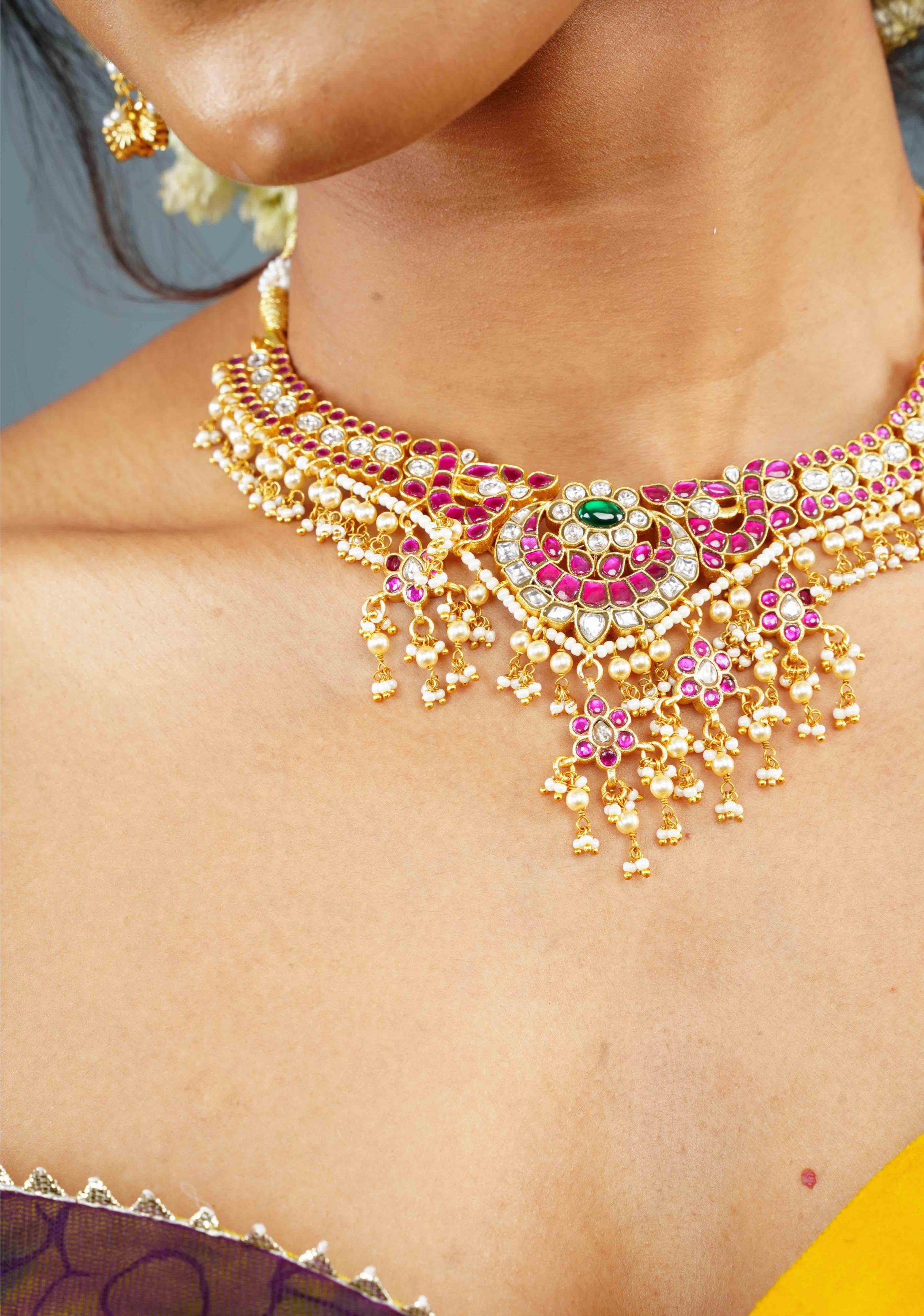 Jadau Necklace with dangling Pearls No Earrings | Shobitam