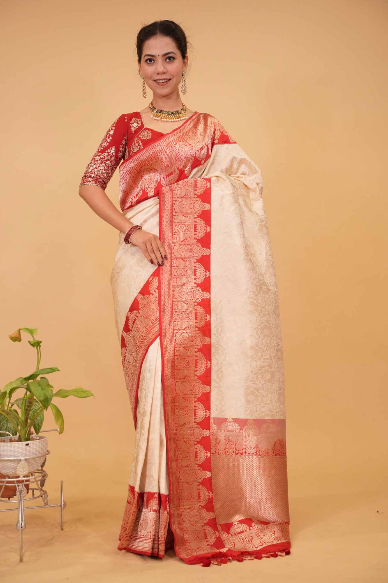 Ready To Wear Exquisite Celebrity Brocade Banarasi Pure Katan Silk Saree in Ivory, Red & Gold with Dome Shaped Kadhiyal Borders, Grand Pallu and Zari | SILK MARK CERTIFIED