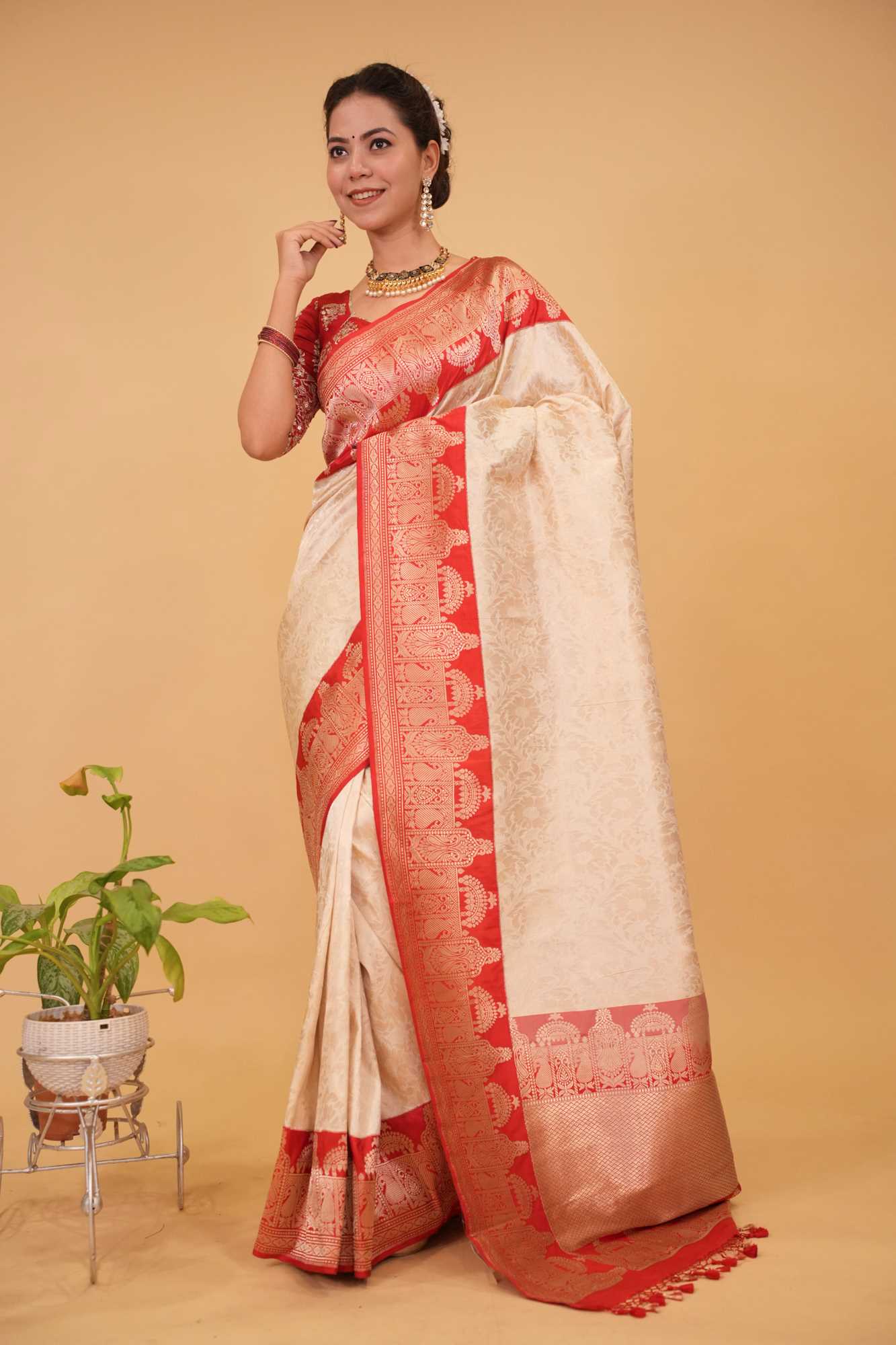 Ready To Wear Exquisite Celebrity Brocade Banarasi Pure Katan Silk Saree in Ivory, Red & Gold with Dome Shaped Kadhiyal Borders, Grand Pallu and Zari | SILK MARK CERTIFIED