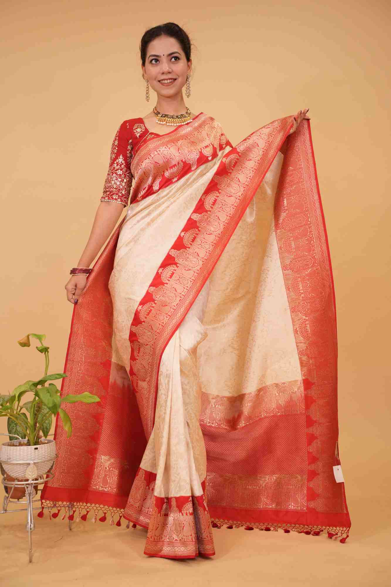 Ready To Wear Exquisite Celebrity Brocade Banarasi Pure Katan Silk Saree in Ivory, Red & Gold with Dome Shaped Kadhiyal Borders, Grand Pallu and Zari | SILK MARK CERTIFIED