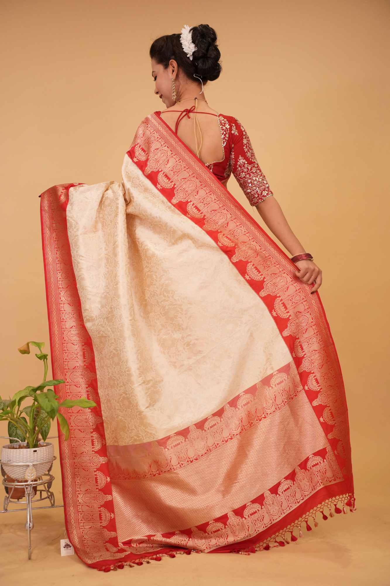 Ready To Wear Exquisite Celebrity Brocade Banarasi Pure Katan Silk Saree in Ivory, Red & Gold with Dome Shaped Kadhiyal Borders, Grand Pallu and Zari | SILK MARK CERTIFIED