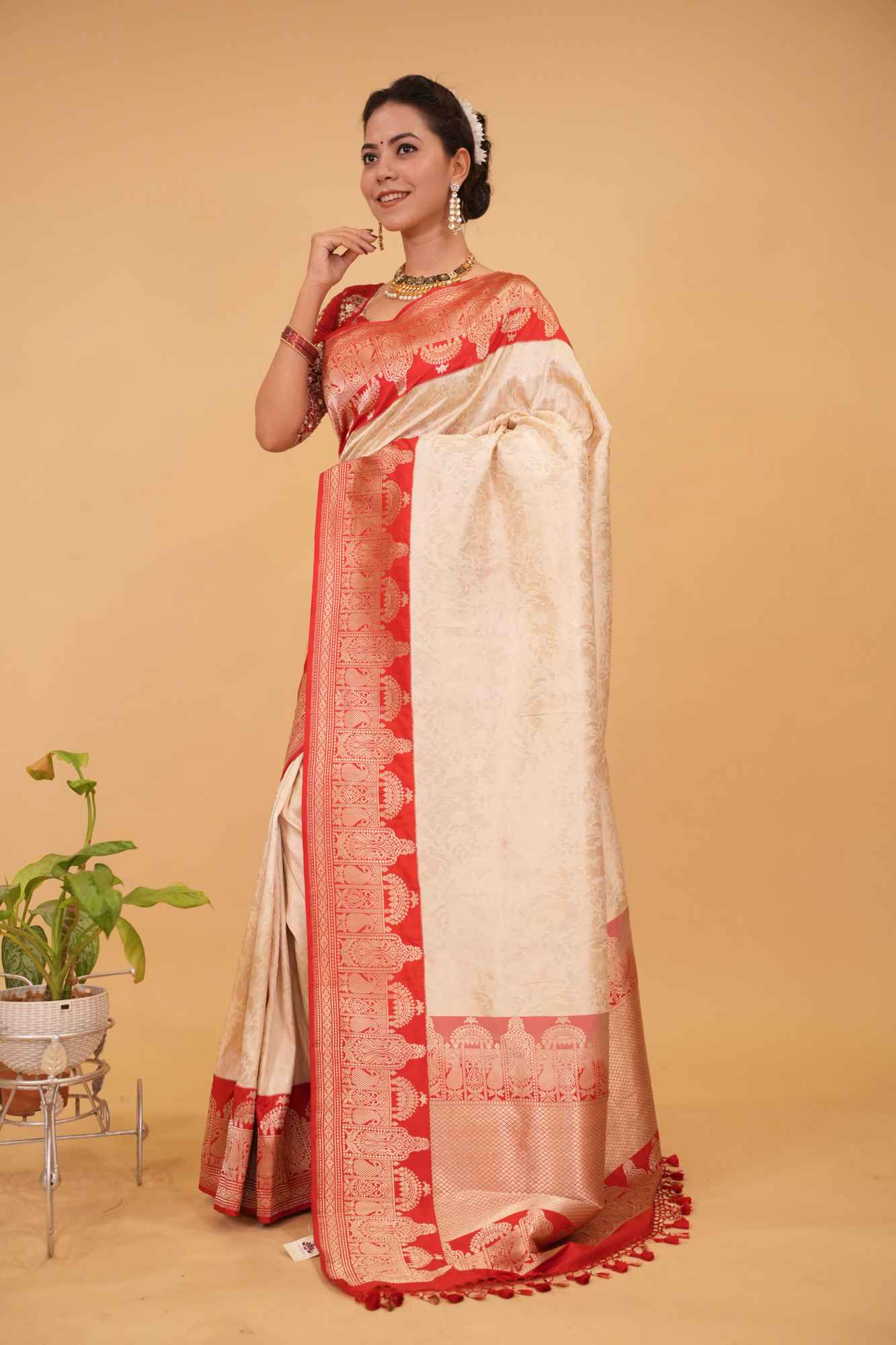 Ready To Wear Exquisite Celebrity Brocade Banarasi Pure Katan Silk Saree in Ivory, Red & Gold with Dome Shaped Kadhiyal Borders, Grand Pallu and Zari | SILK MARK CERTIFIED